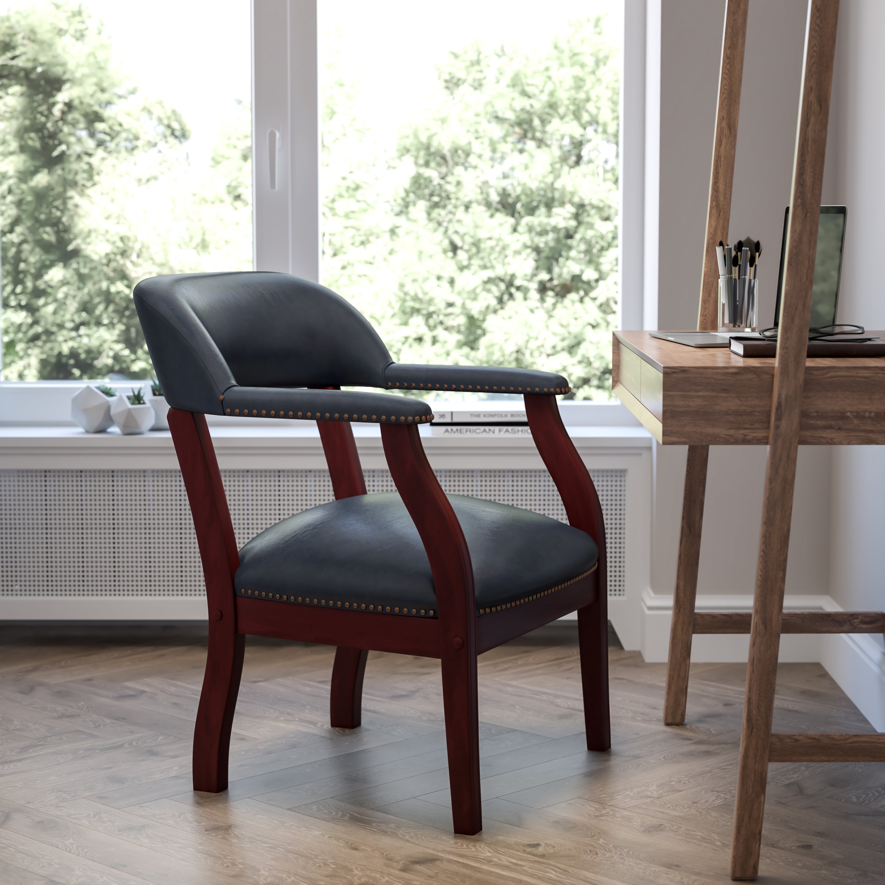 Diamond Navy Vinyl Luxurious Conference Chair with Accent Nail Trim