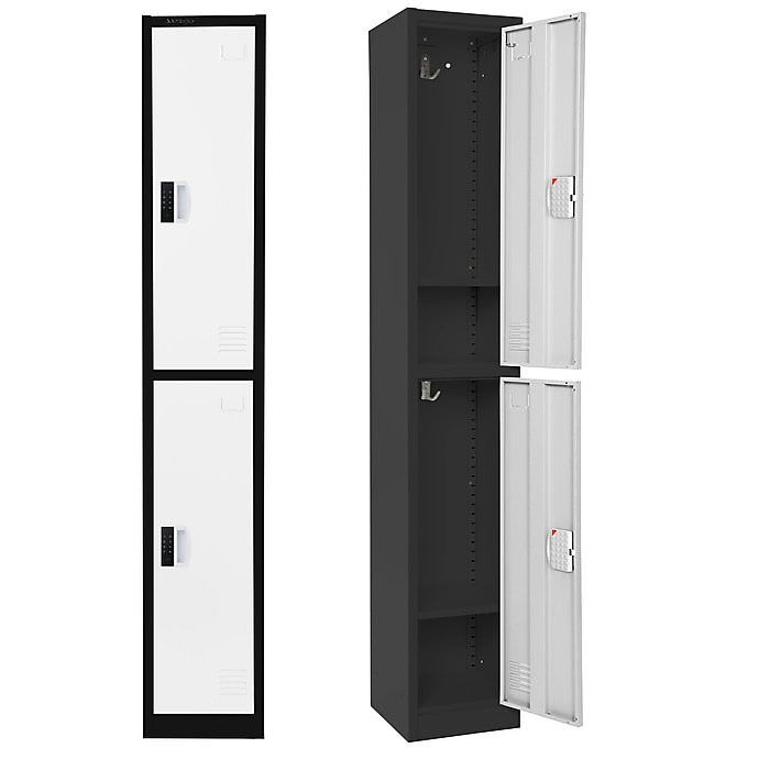 72" H x 12" W  2-Tier Steel Storage Locker with Digital Lock, Black and White