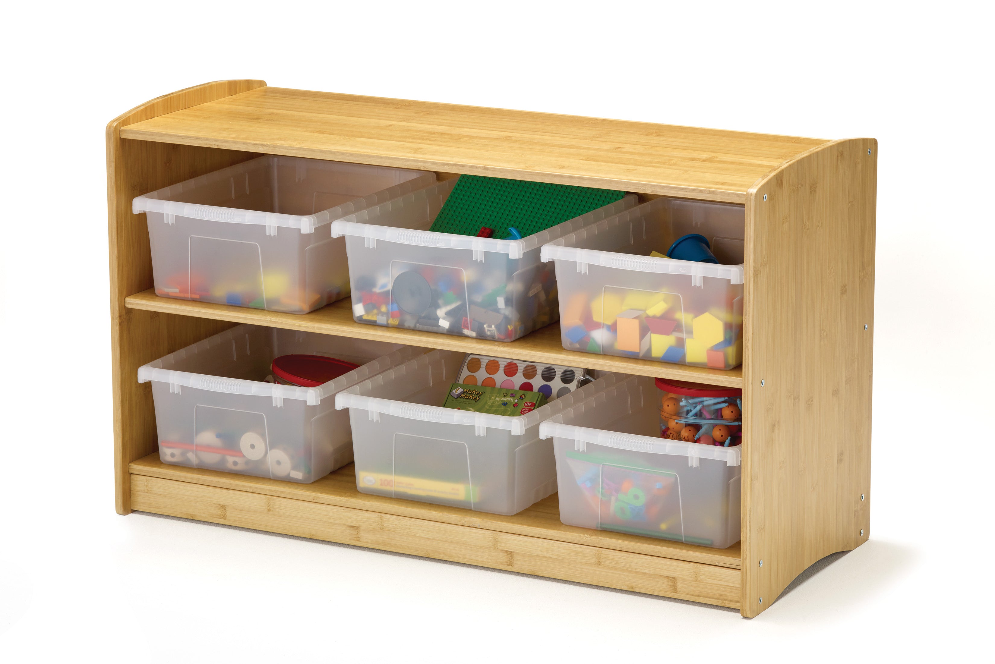 Bamboo Shelving Unit with clear tubs