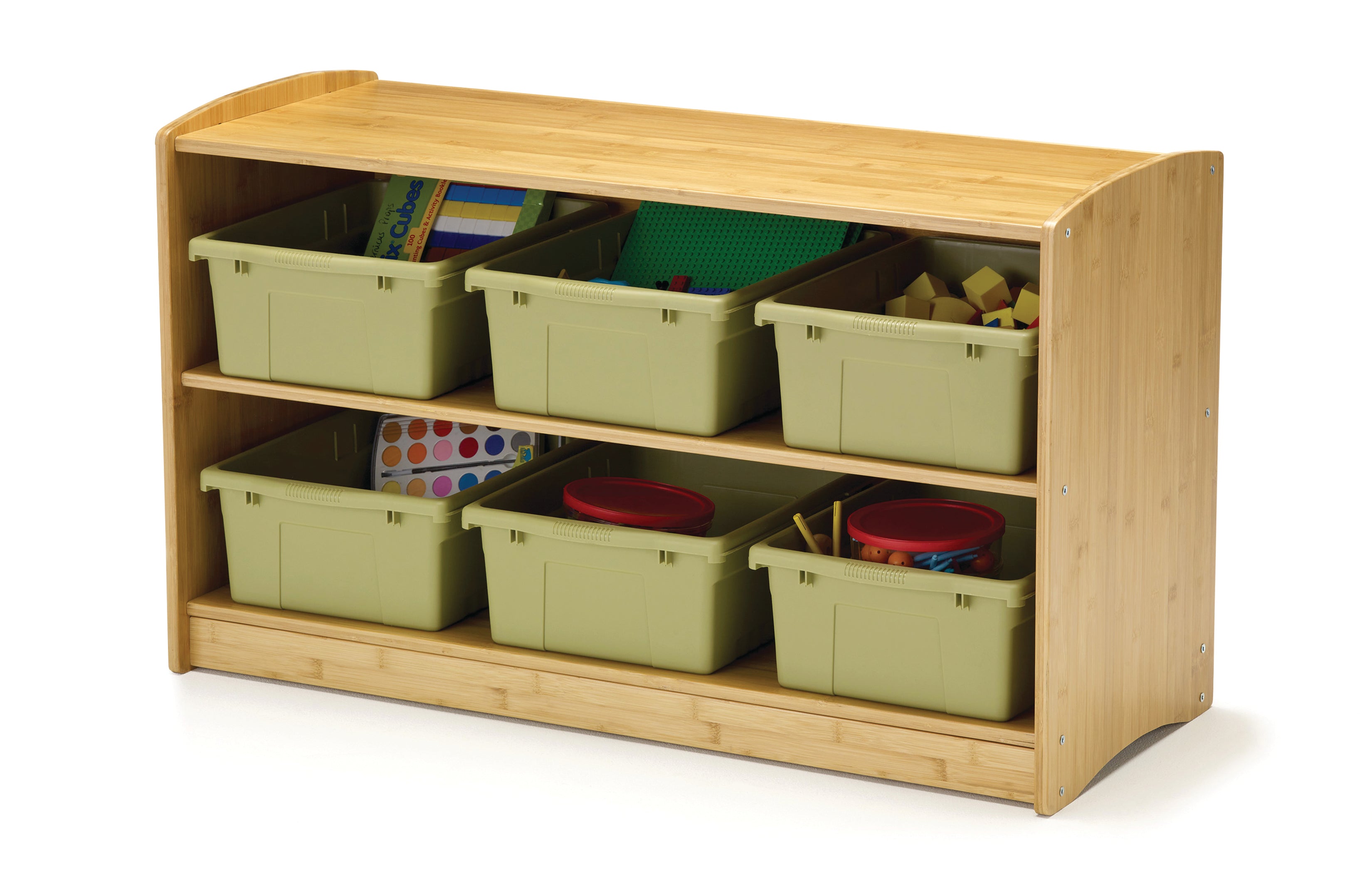 Bamboo Shelving Unit with sage tubs