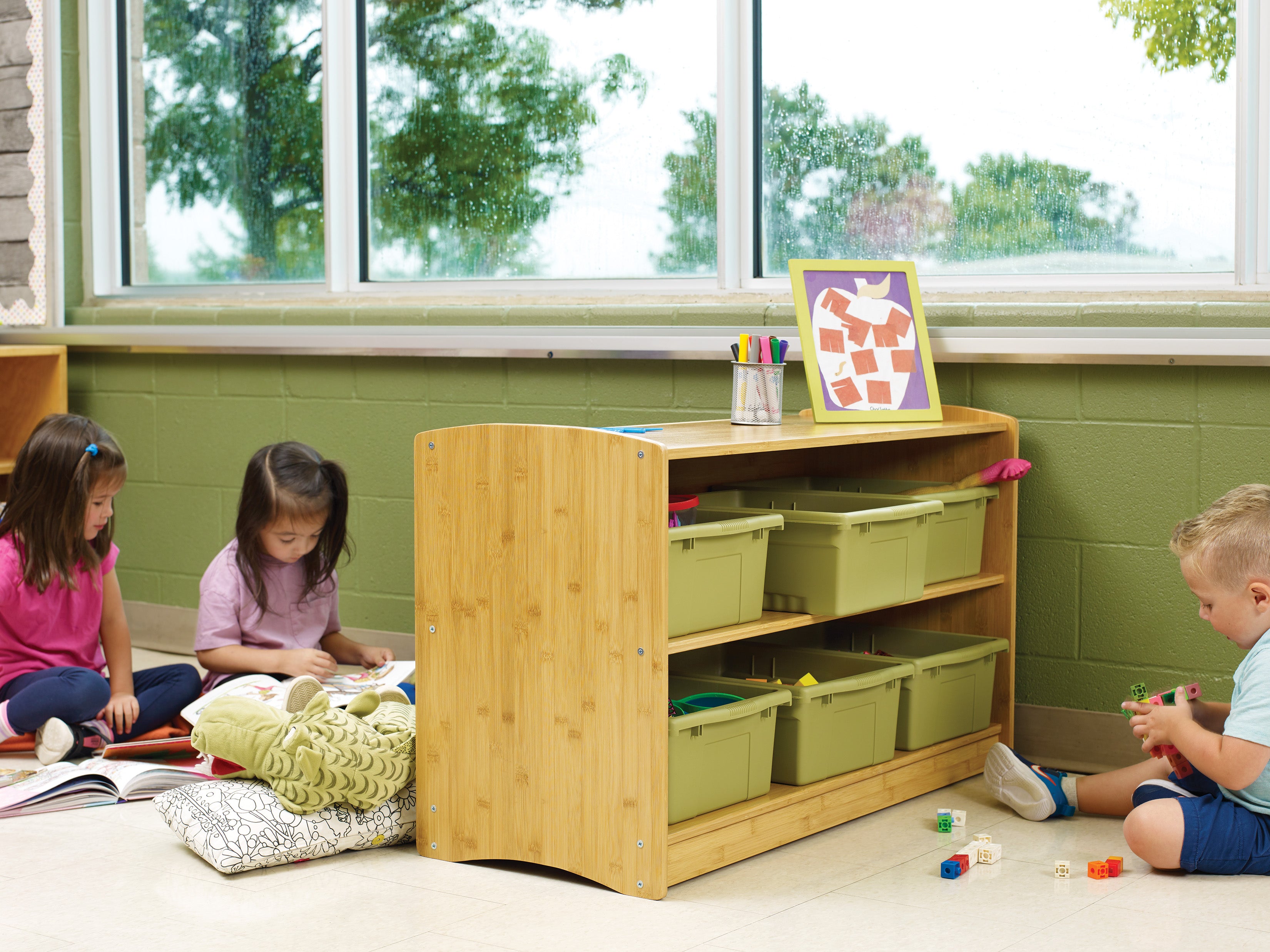 Bamboo Shelving Unit with sage tubs