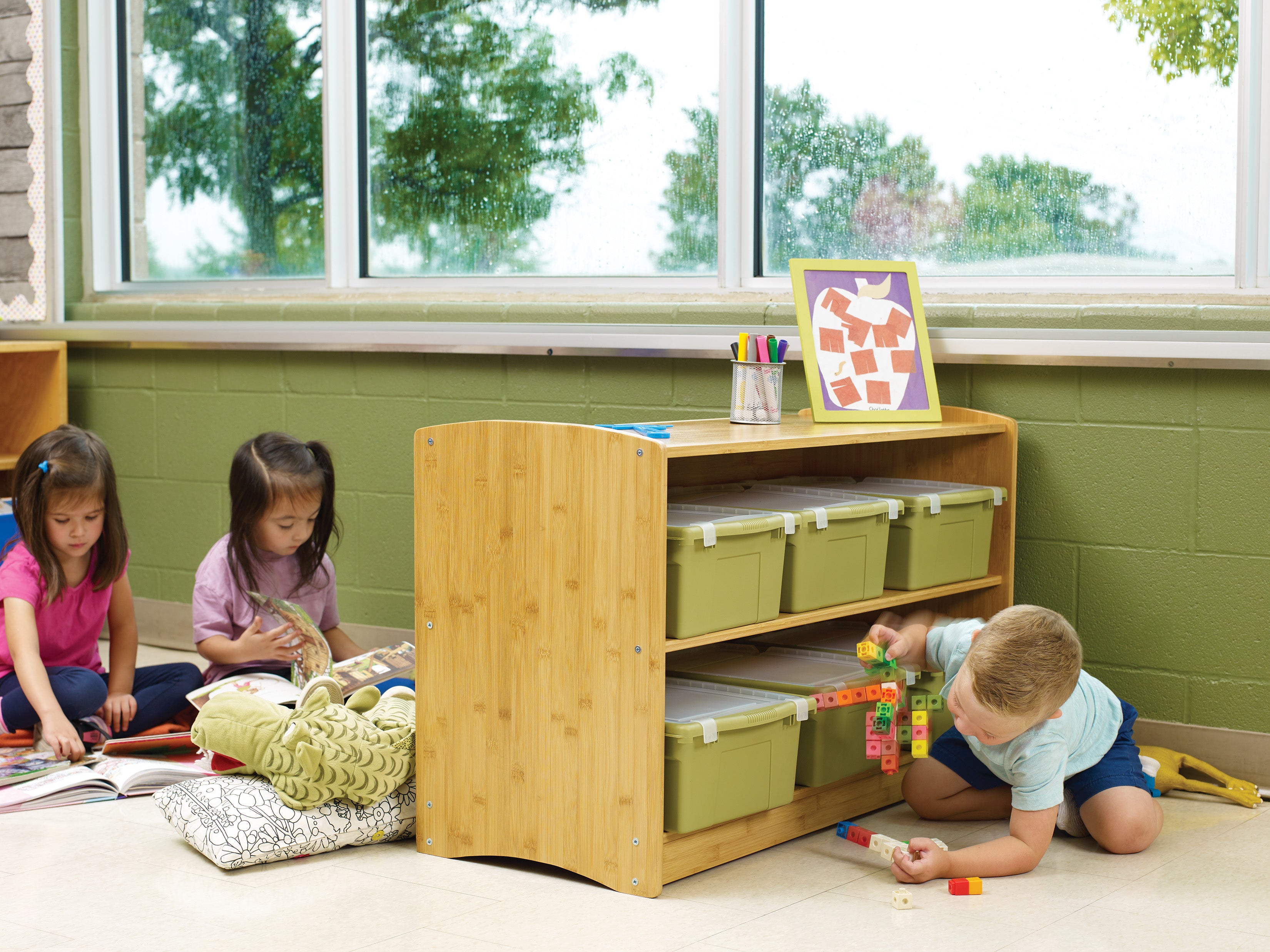 Bamboo Shelving Unit with sage tubs