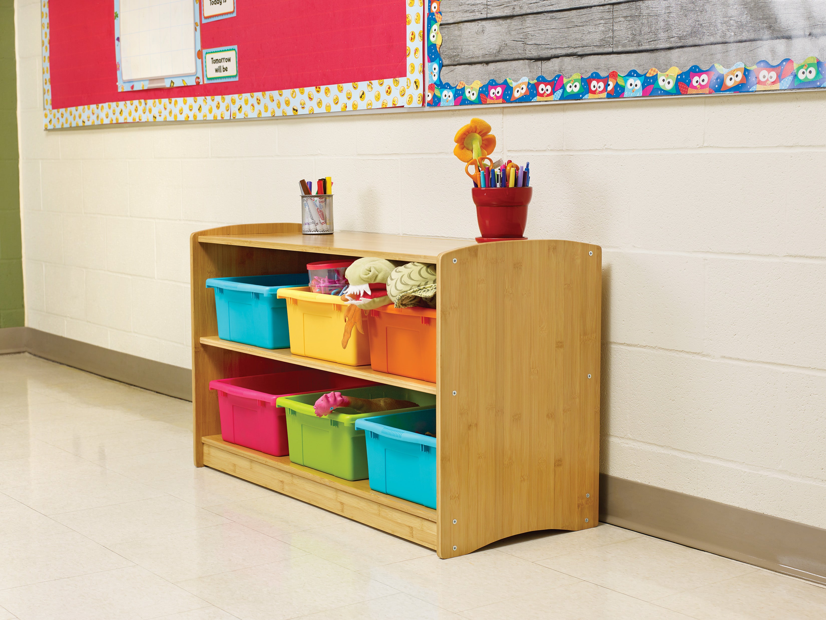 Bamboo Shelving Unit with vibrant mixed tub combo