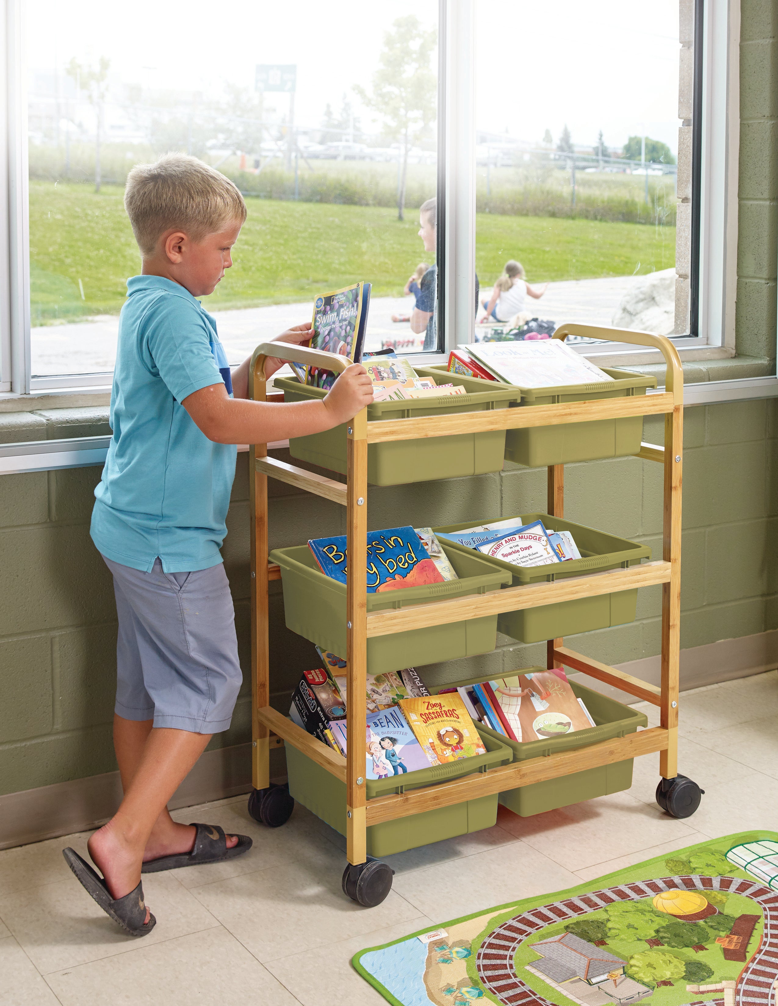 Sml Book Browser Cart W/Sage Tubs