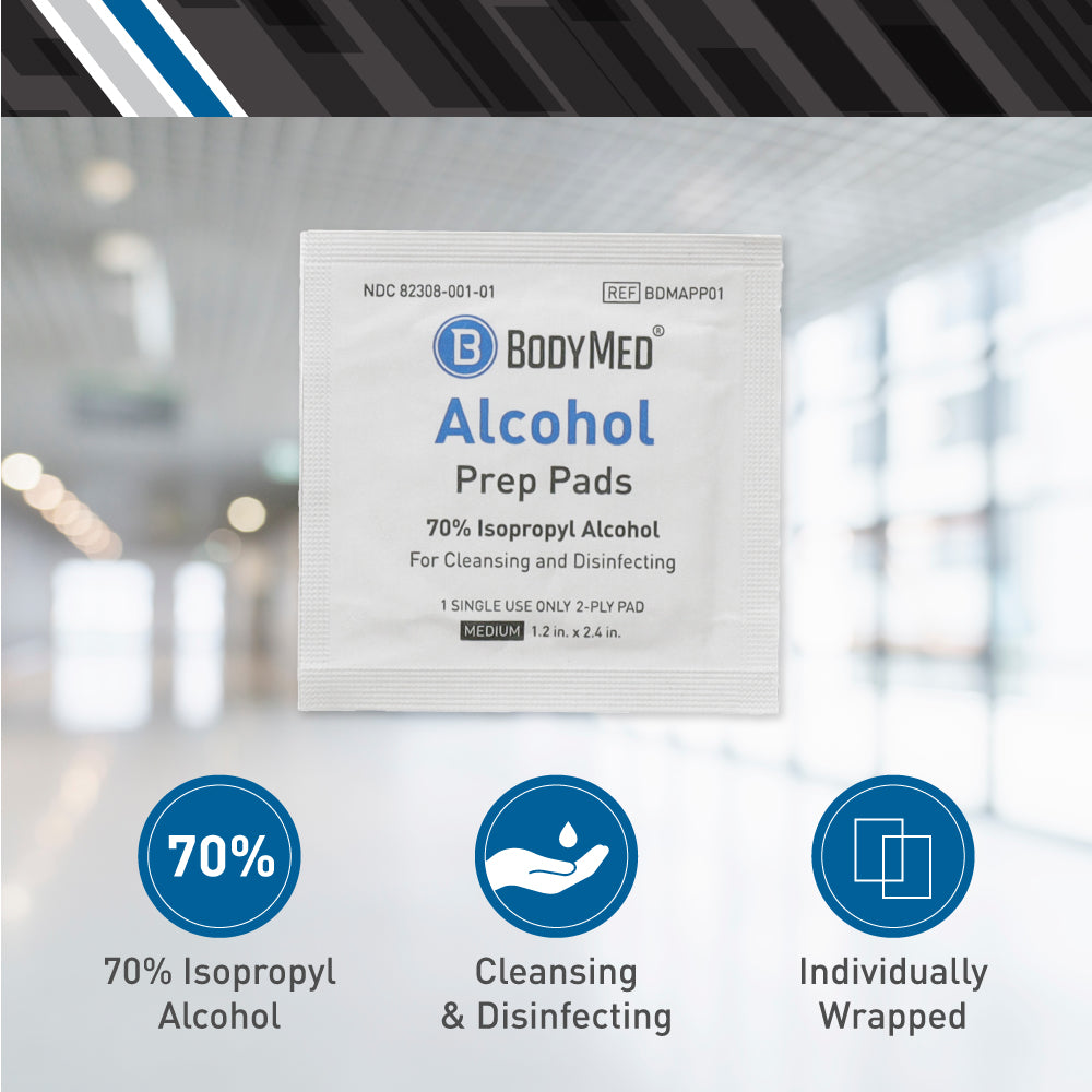 Bodymed Alcohol Prep Pad, 70% Isopropyl Alcohol, Medium Size, Sterile, 2 Ply, Indiviually Packaged, 100/Bx