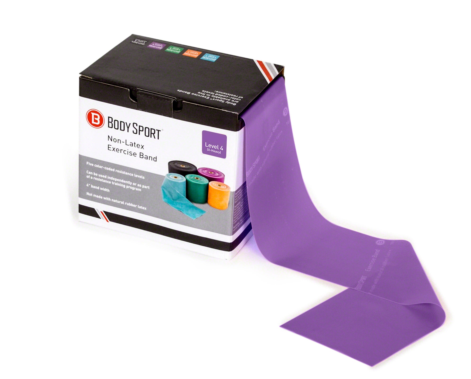 Body Sport Latex-Free Band, 4" Wide, X-Heavy Resistance, 25 Yd. Roll, Purple