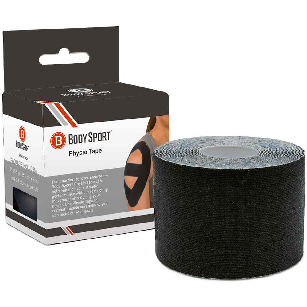 Body Sport Physio Tape, 2" X 5-1/2 Yards, Black, Latex Free, Water Resistant