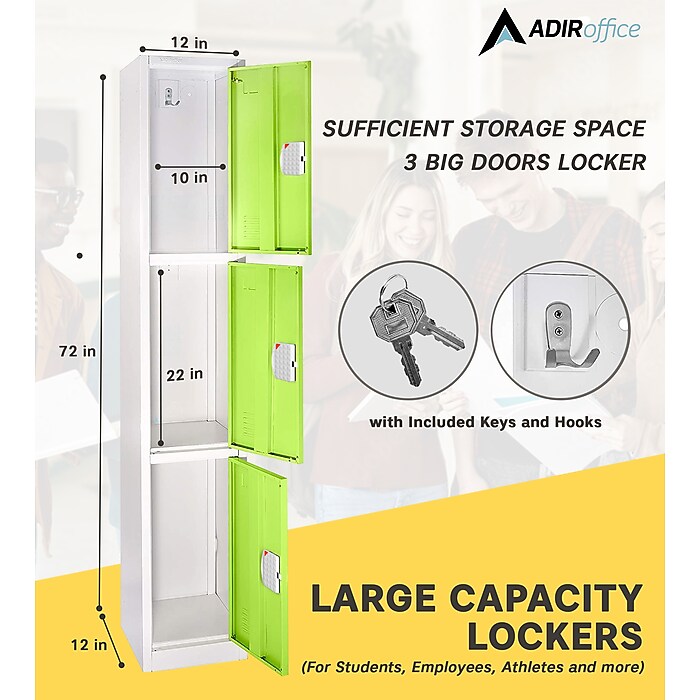 72" H x 12" W  Triple Tier Steel Storage Locker with Digital Lock, Green