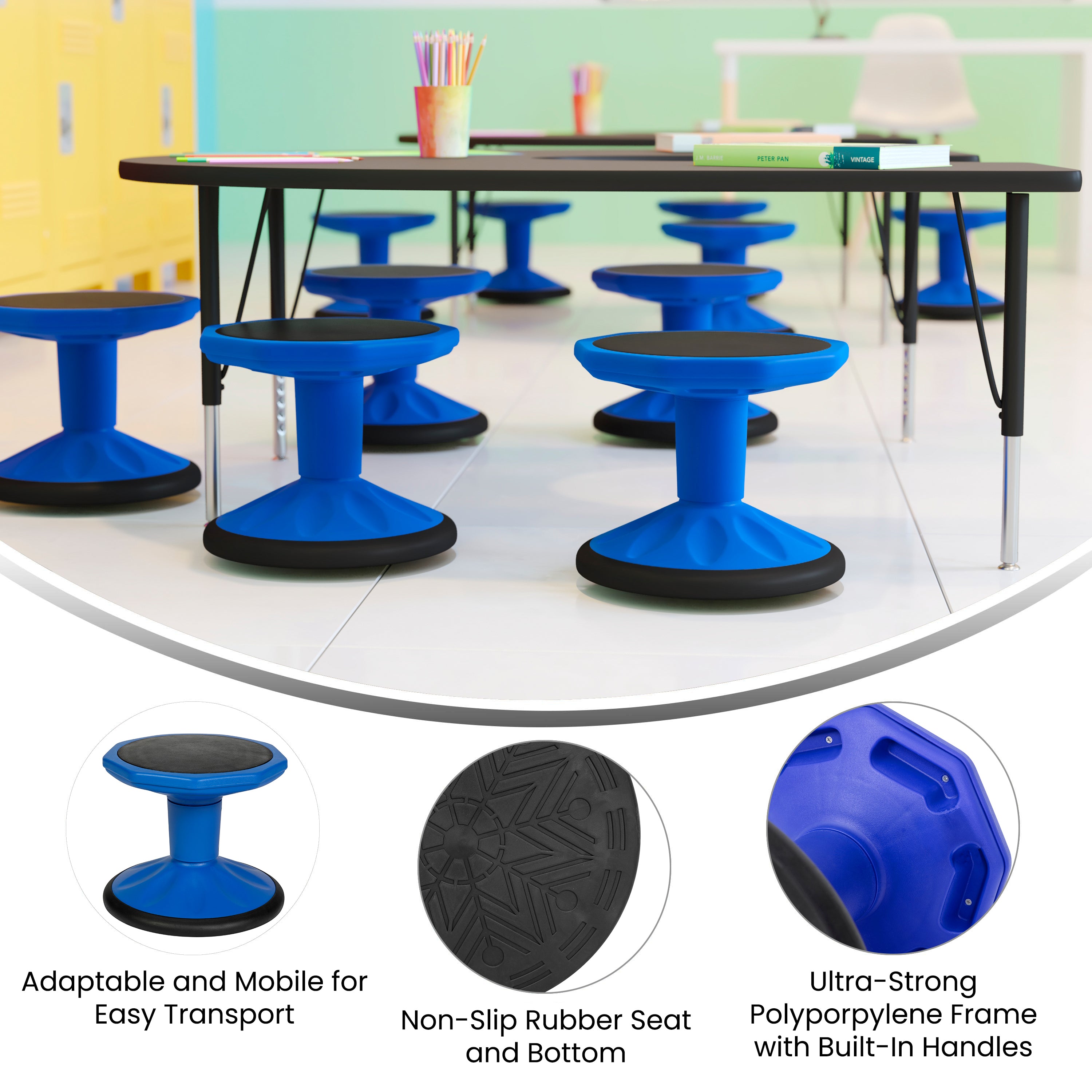 Lucas Fixed Height Kids Flexible Active Stool for Classroom and Home with Non-Skid Bottom in Blue, 12" Seat Height
