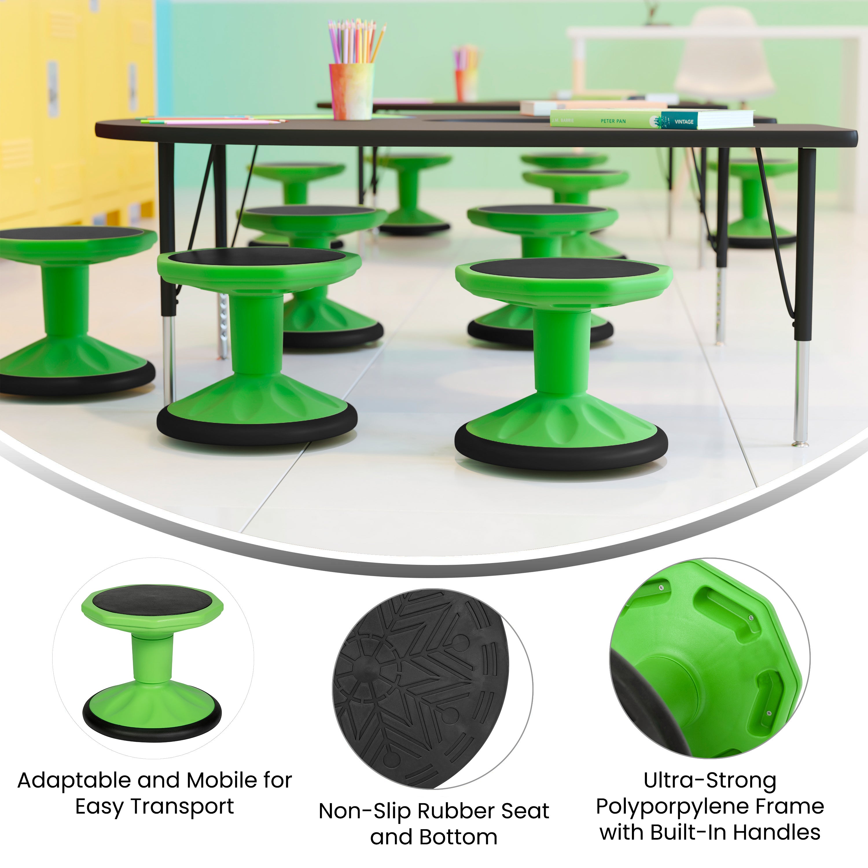 Lucas Fixed Height Kids Flexible Active Stool for Classroom and Home with Non-Skid Bottom in Green, 12" Seat Height