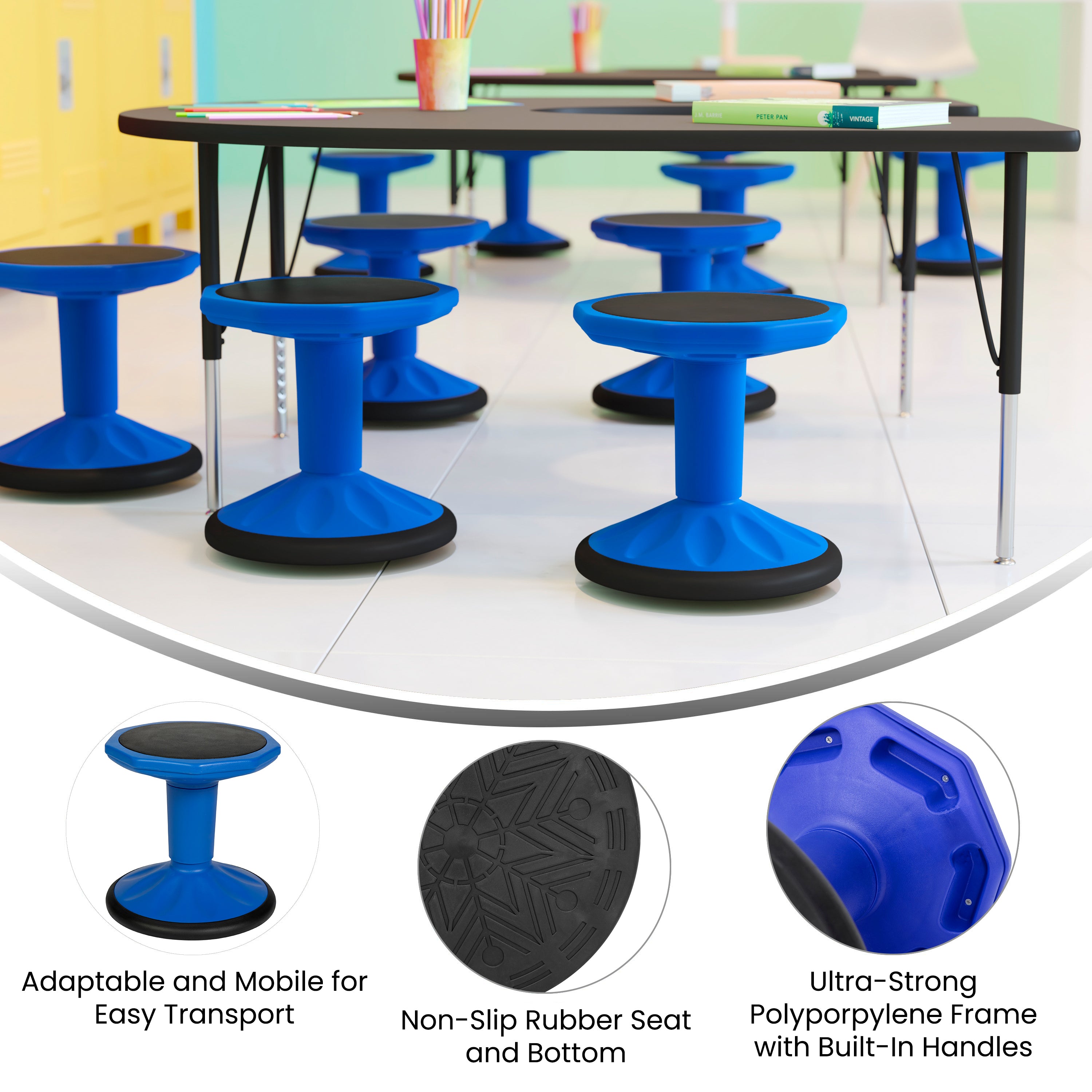 Lucas Fixed Height Kids Flexible Active Stool for Classroom and Home with Non-Skid Bottom in Blue, 14" Seat Height