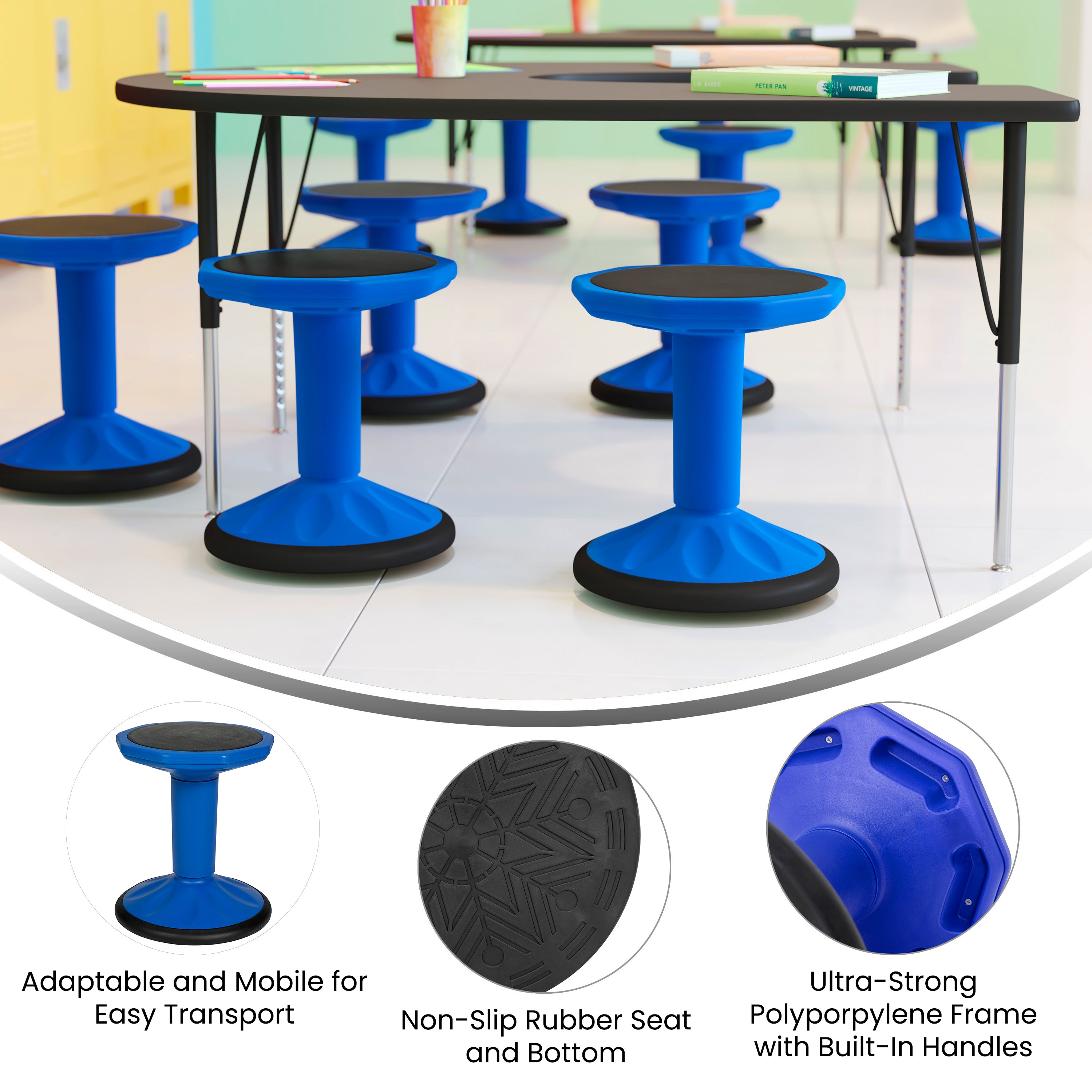 Lucas Fixed Height Kids Flexible Active Stool for Classroom and Home with Non-Skid Bottom in Blue, 16" Seat Height