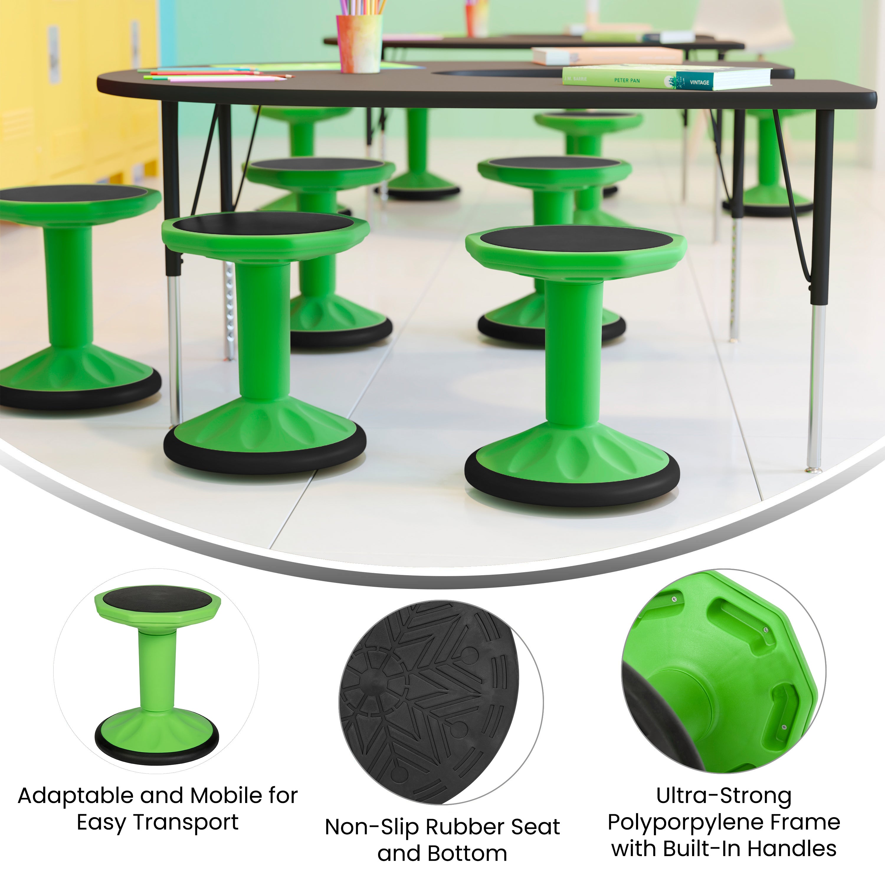 Lucas Fixed Height Kids Flexible Active Stool for Classroom and Home with Non-Skid Bottom in Green, 16" Seat Height