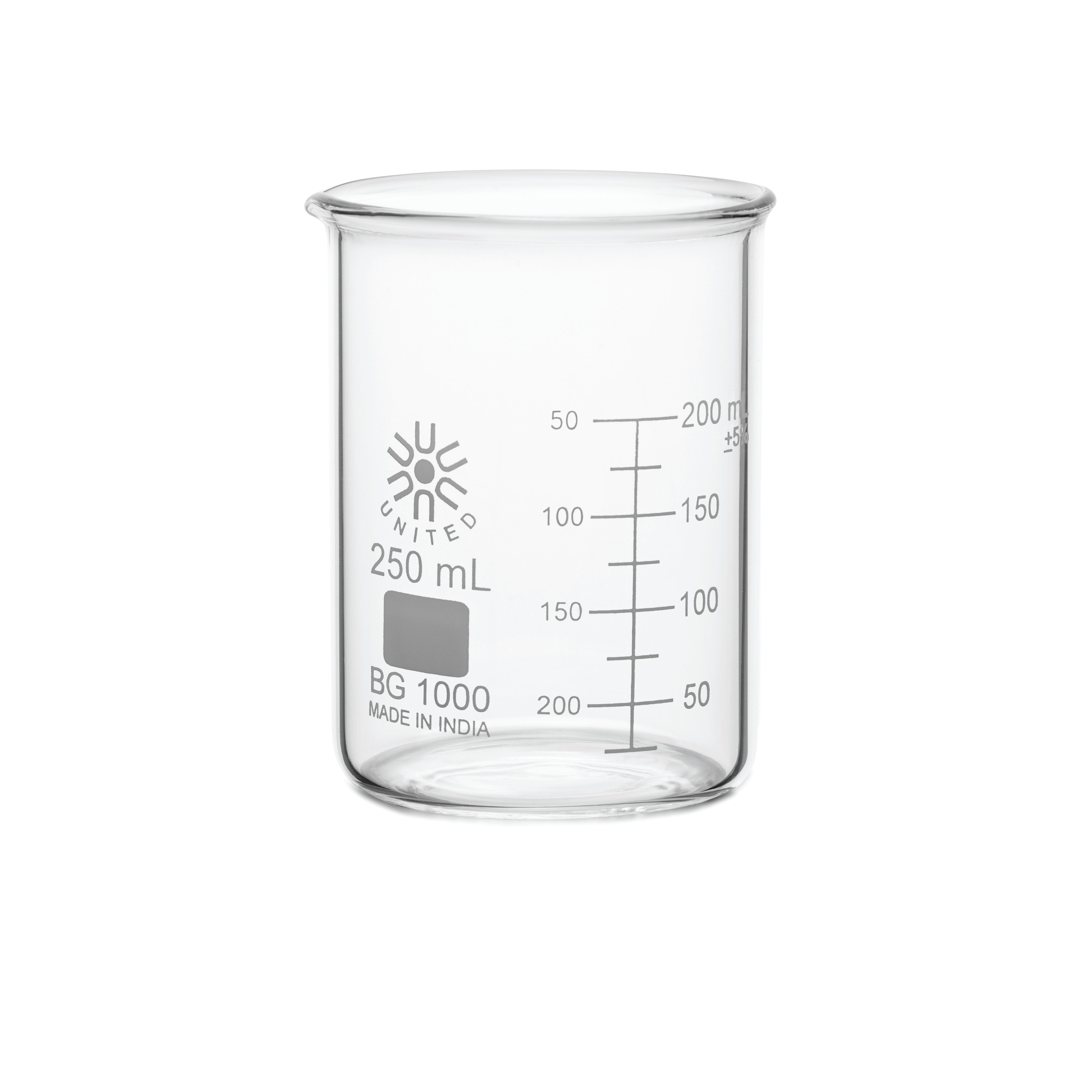 United Scientific® Beakers, Low Form, Borosilicate Glass, 250 mL, comes with 12
