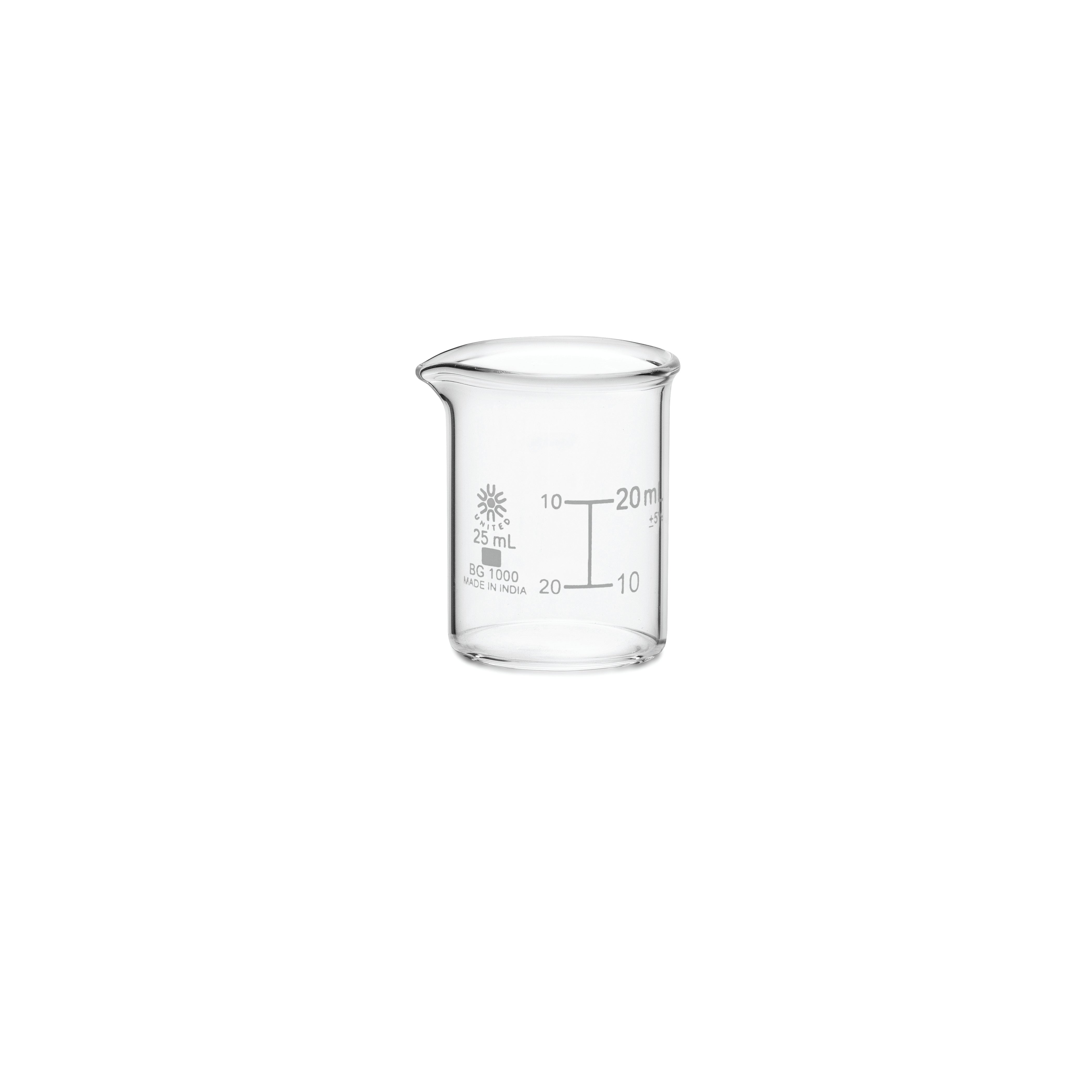 United Scientific® Beakers, Low Form, Borosilicate Glass, 25 mL, comes with 12