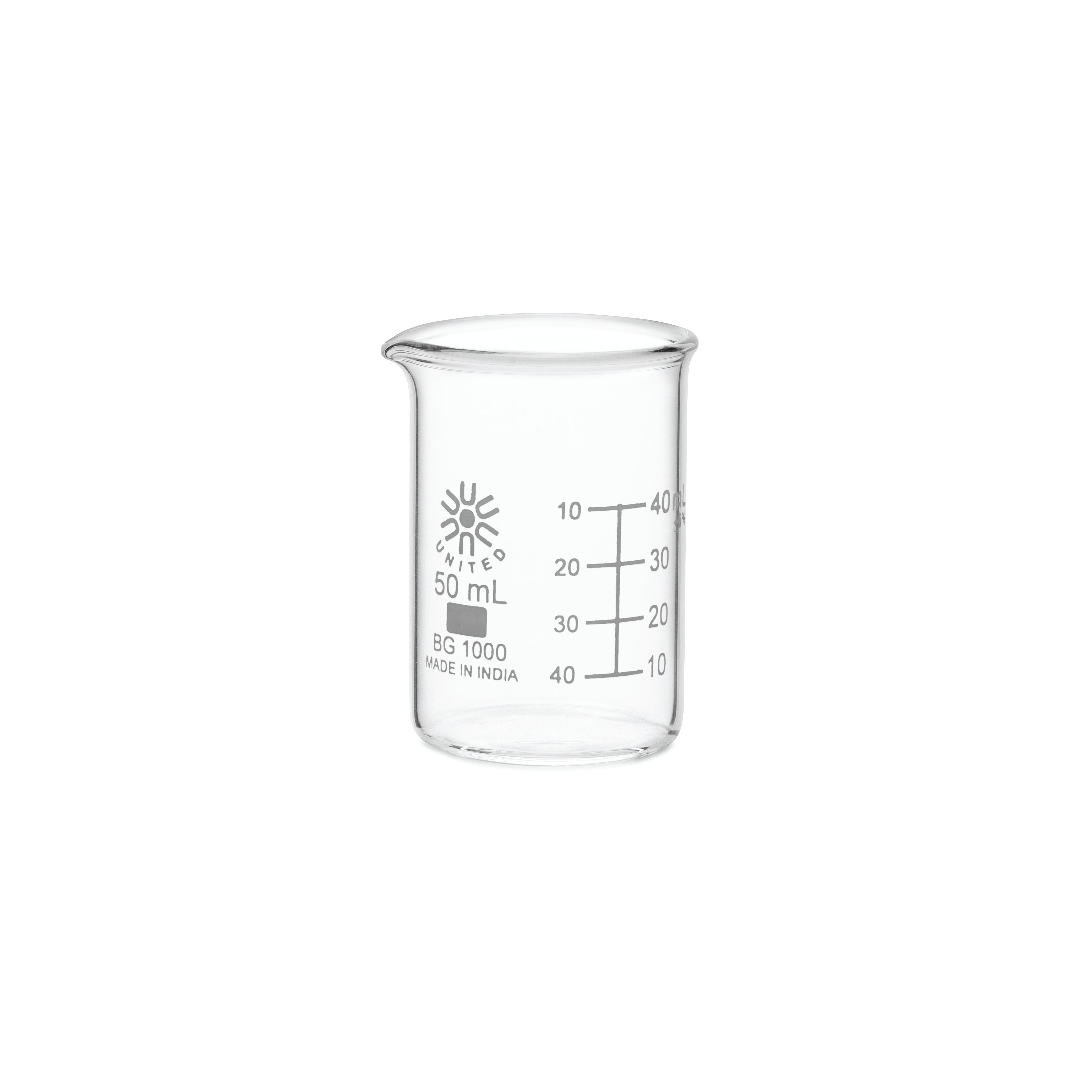 United Scientific® Beakers, Low Form, Borosilicate Glass, 50 mL, comes with 12