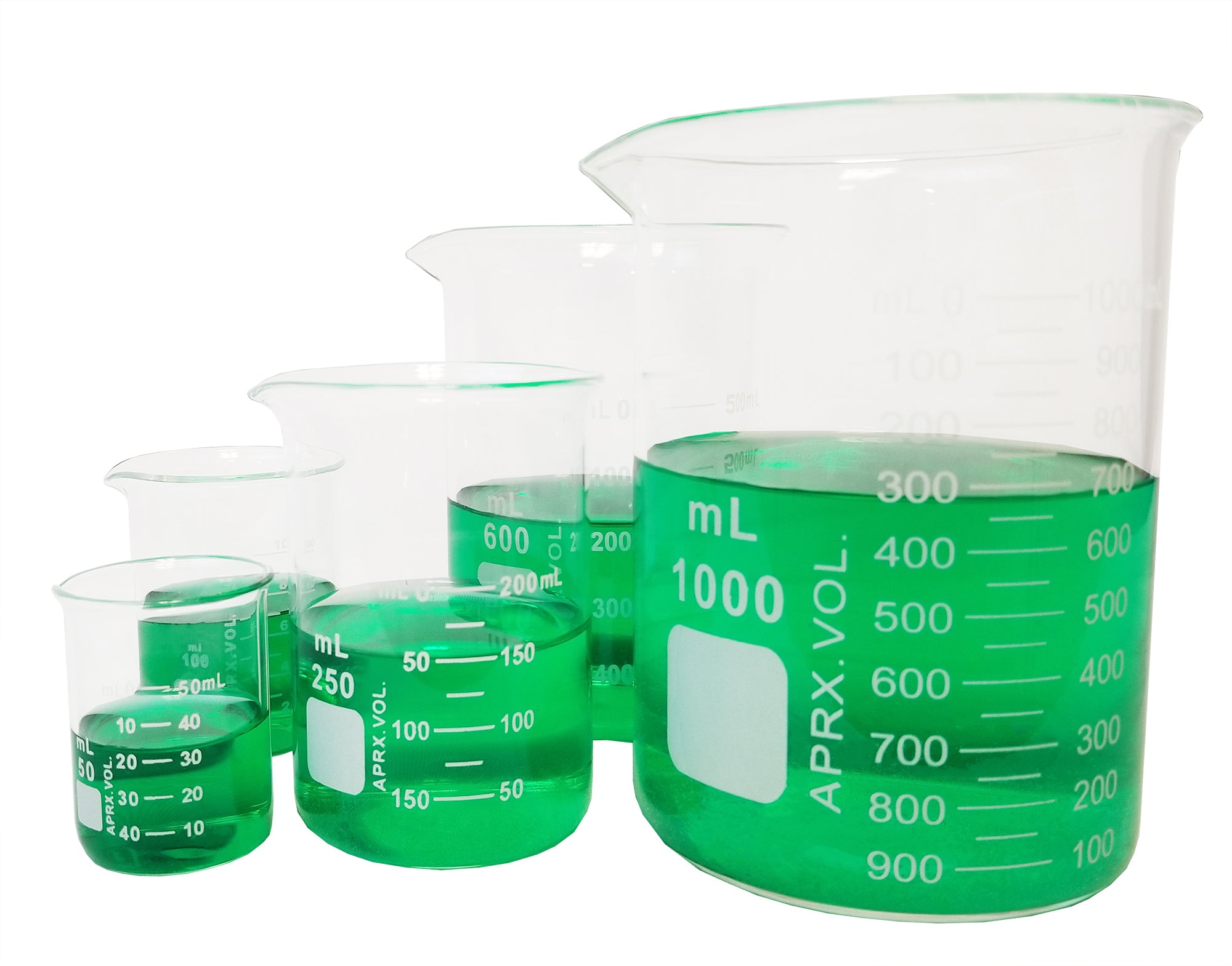 Beaker Griffin Set -5 50, 100, 250, 600, 1000. Borosilicate Glass.