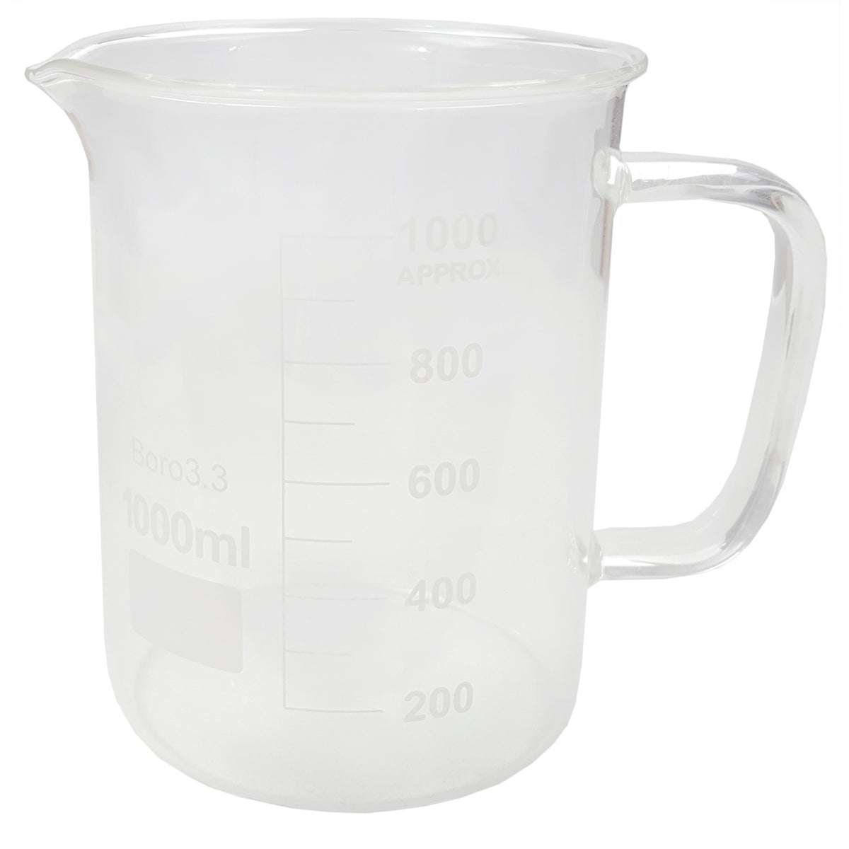 Beaker, Mug, Borosilicate Glass, 1000ml, with Handle and Pour Spout, Case of 24