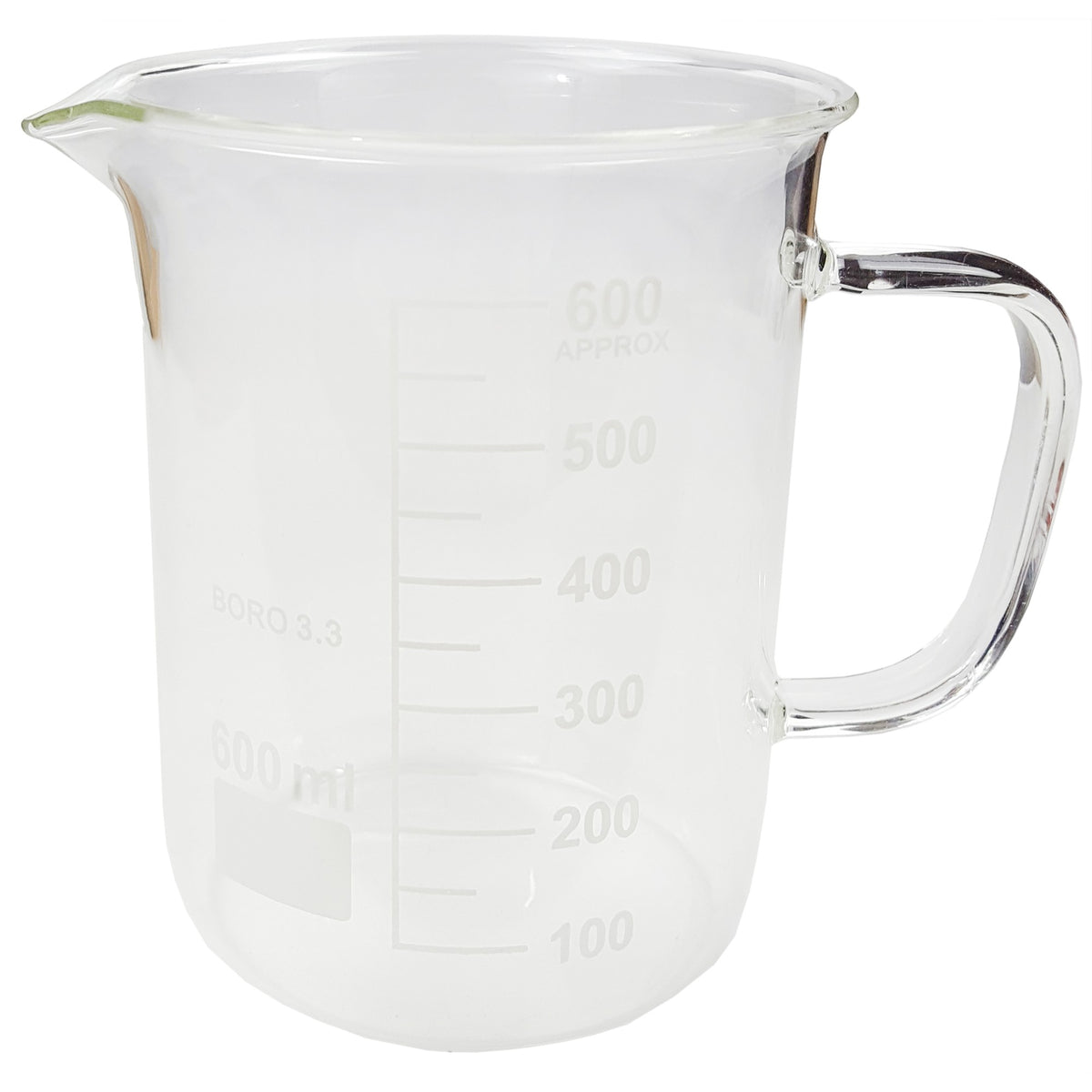 Beaker, Mug, Borosilicate Glass, 600ml, with Handle and Pour Spout, Case of 40