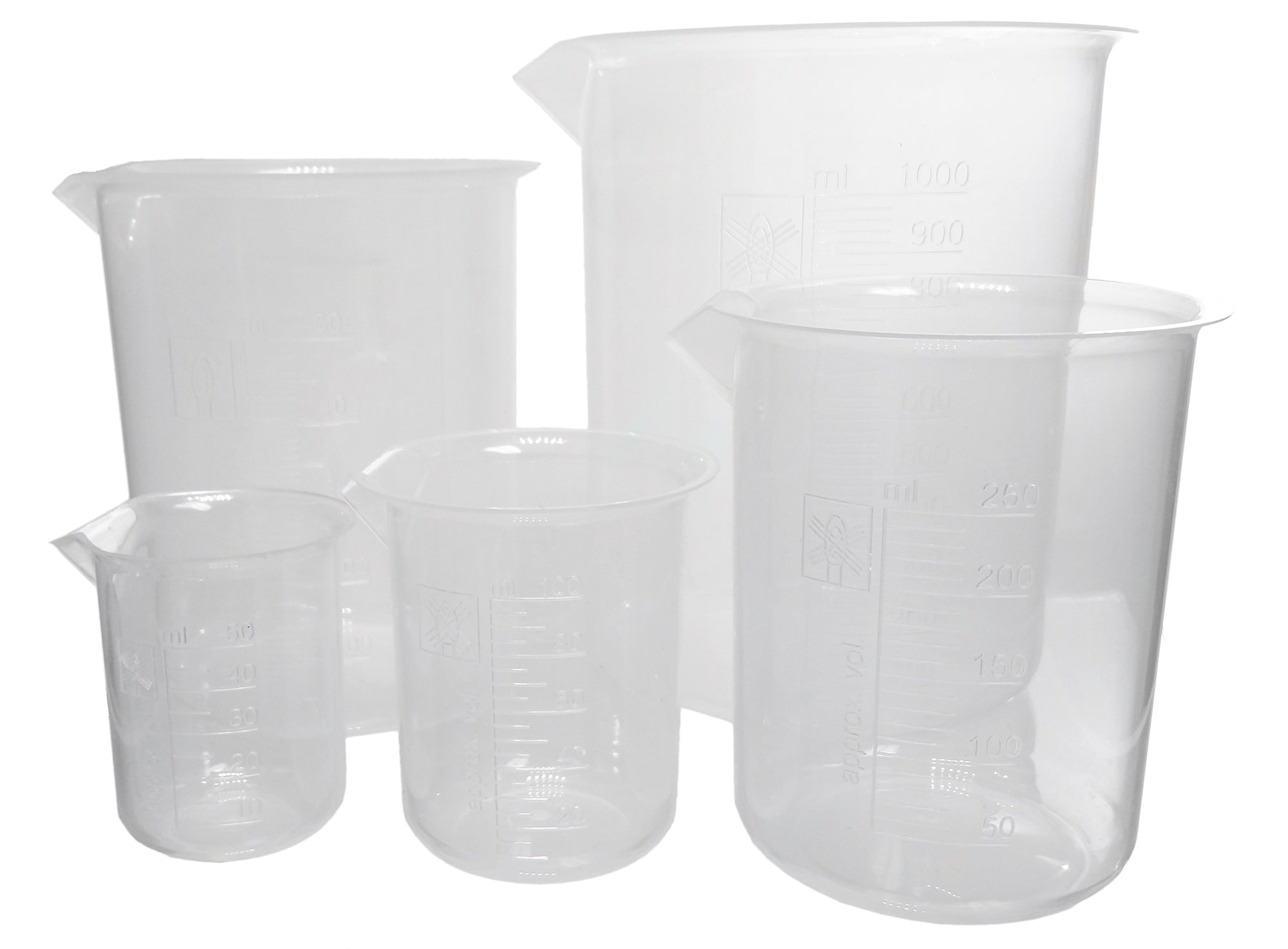 Beaker PP, Assorted Pack 5. 50ml 100ml 250ml 500ml 1000ml