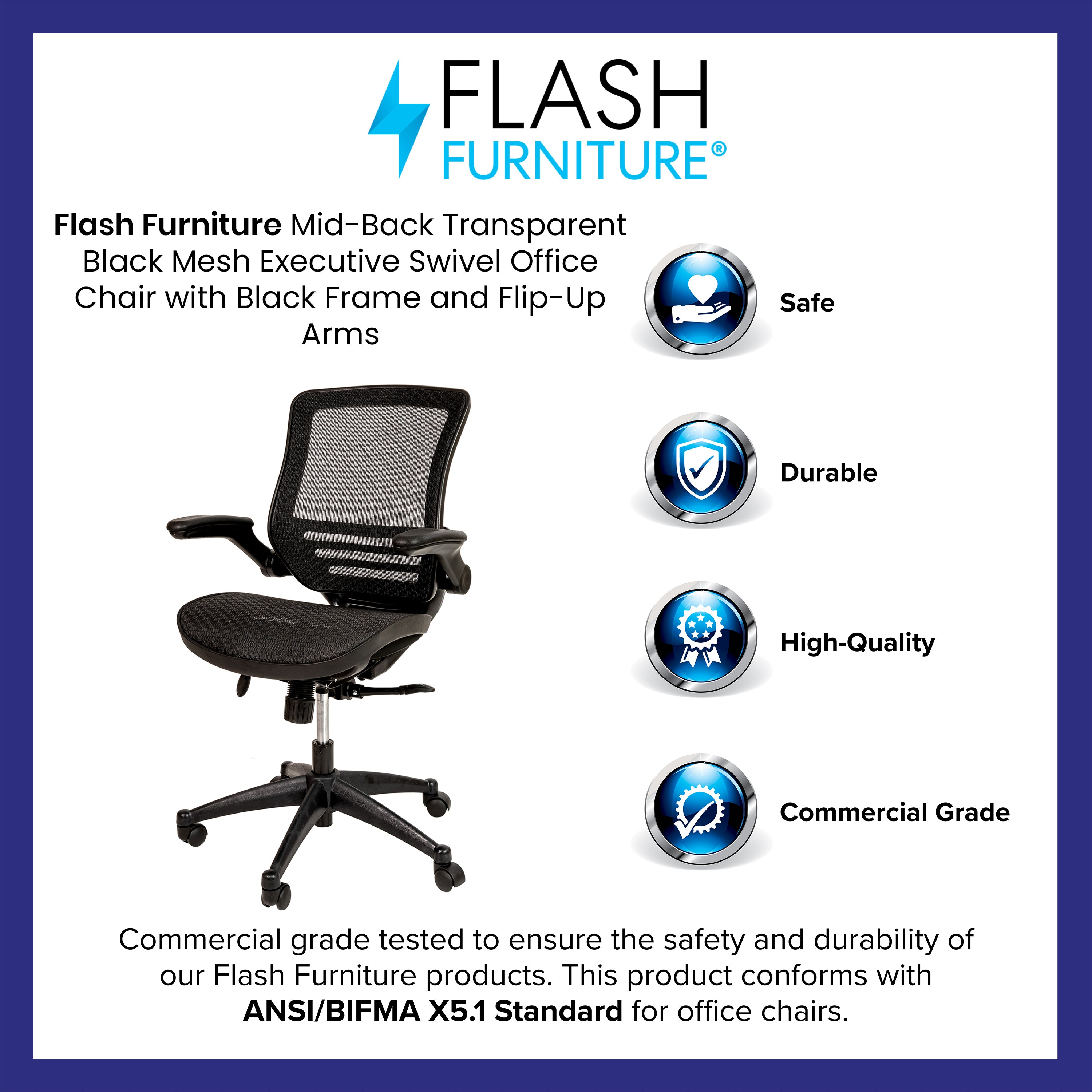 Warfield Mid-Back Transparent Black Mesh Executive Swivel Office Chair with Black Frame and Flip-Up Arms