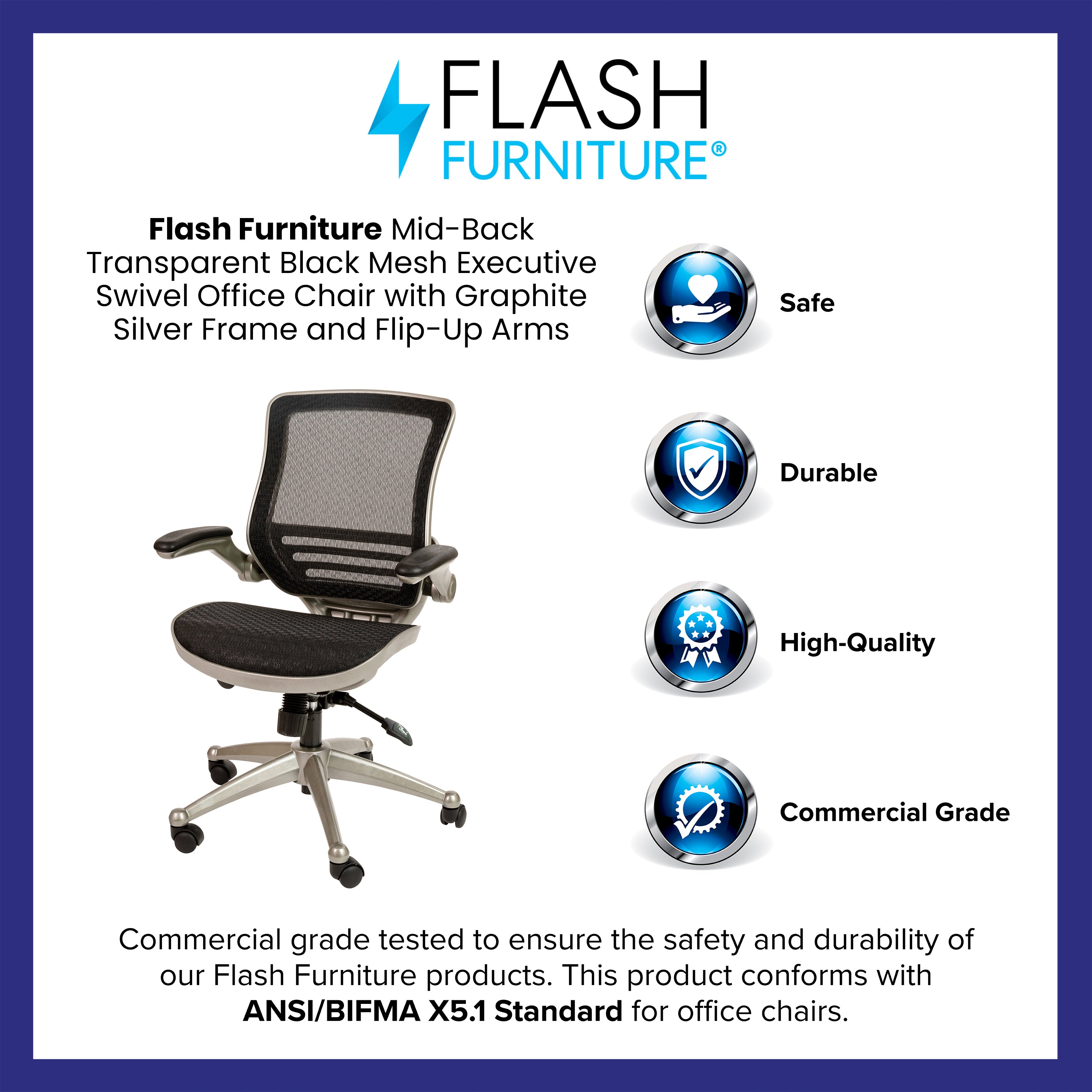 Warfield Mid-Back Transparent Black Mesh Executive Swivel Office Chair with Graphite Silver Frame and Flip-Up Arms