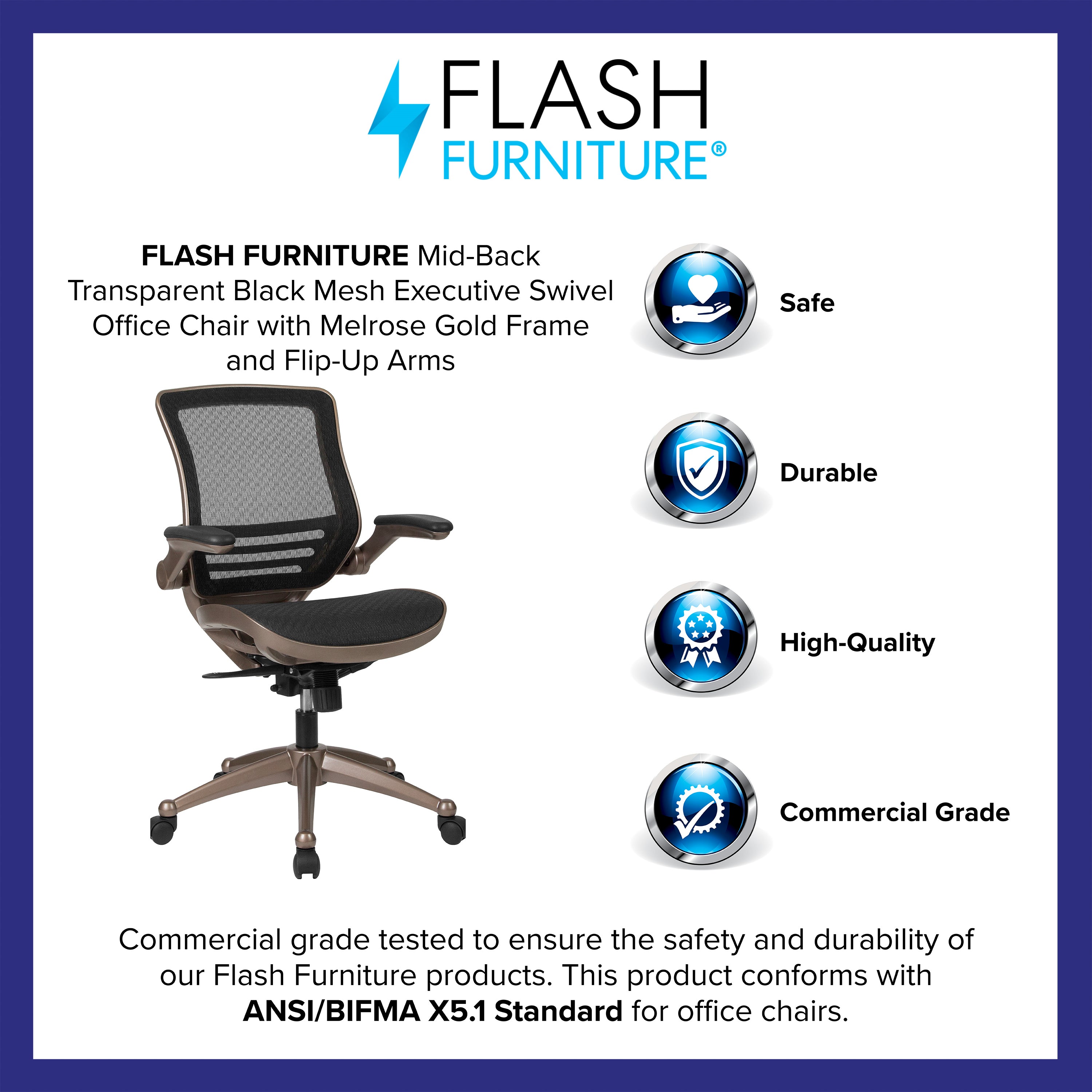 Warfield Mid-Back Transparent Black Mesh Executive Swivel Office Chair with Melrose Gold Frame and Flip-Up Arms