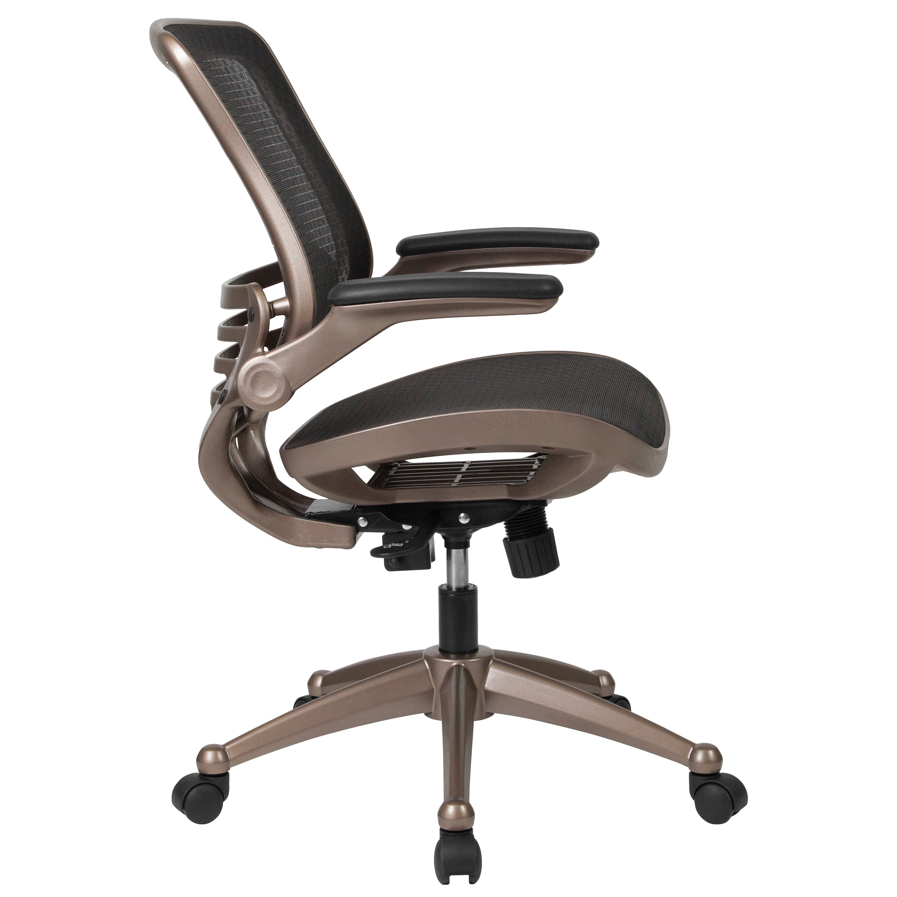 Warfield Mid-Back Transparent Black Mesh Executive Swivel Office Chair with Melrose Gold Frame and Flip-Up Arms