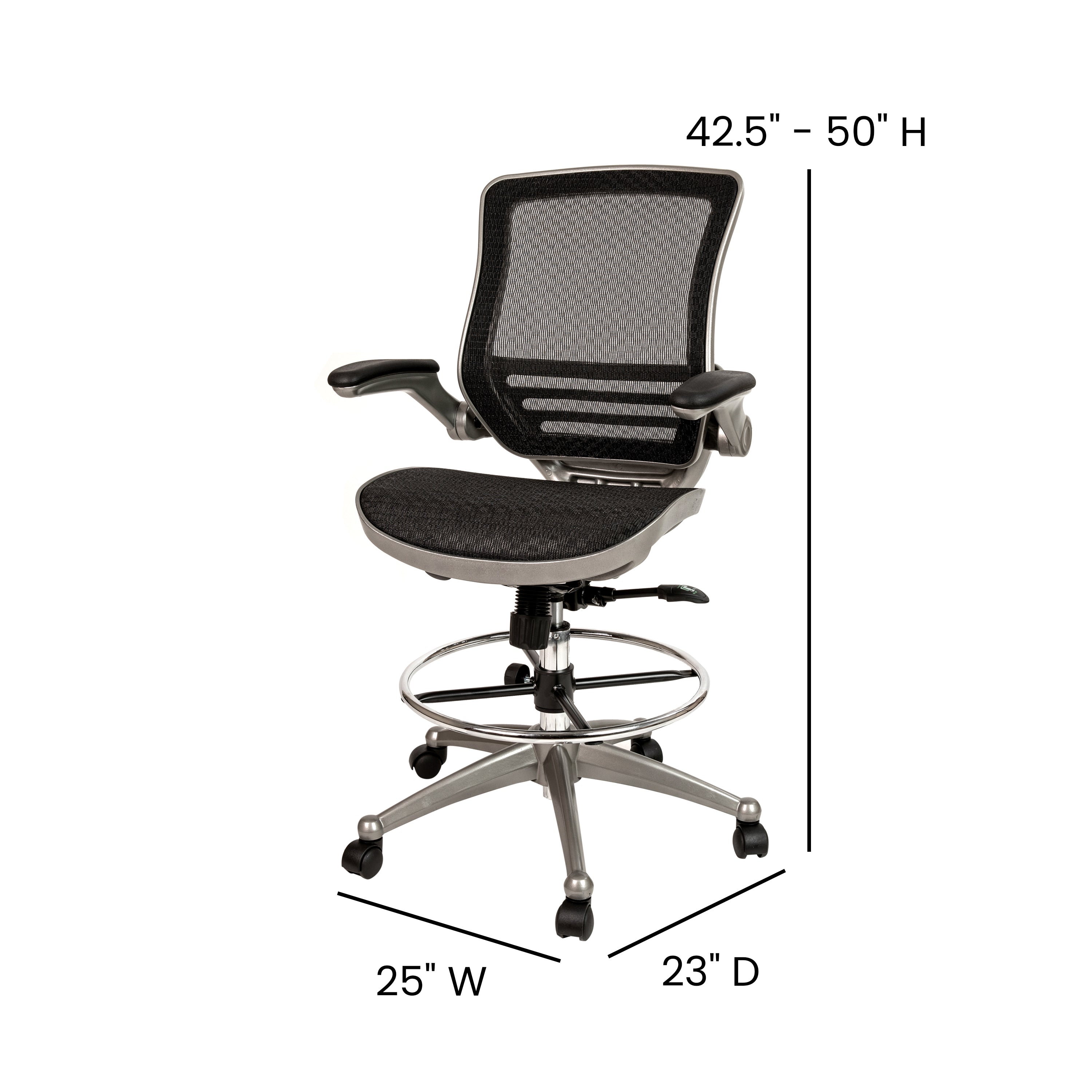 Waylon Mid-Back Transparent Black Mesh Drafting Chair with Graphite Silver Frame and Flip-Up Arms