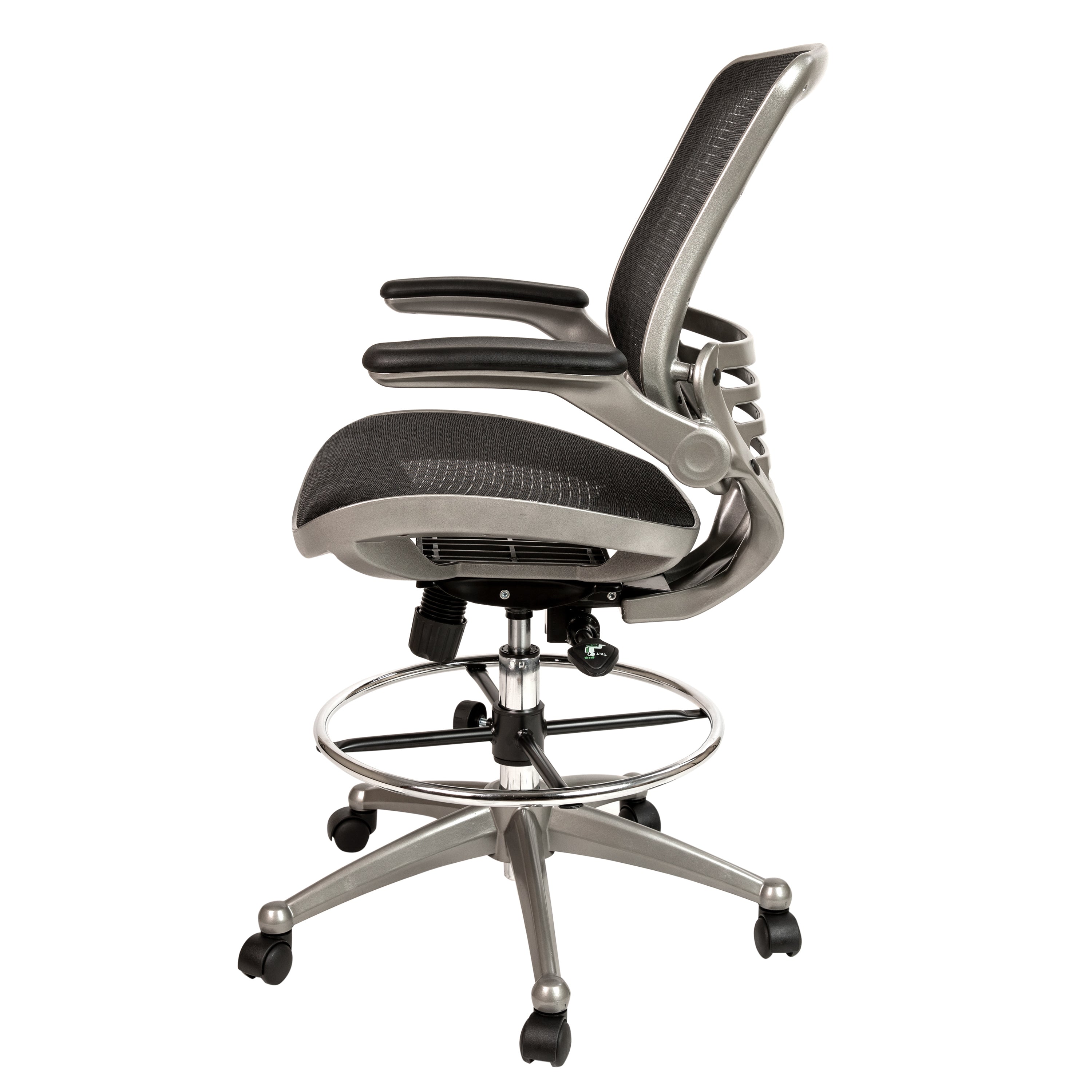 Waylon Mid-Back Transparent Black Mesh Drafting Chair with Graphite Silver Frame and Flip-Up Arms