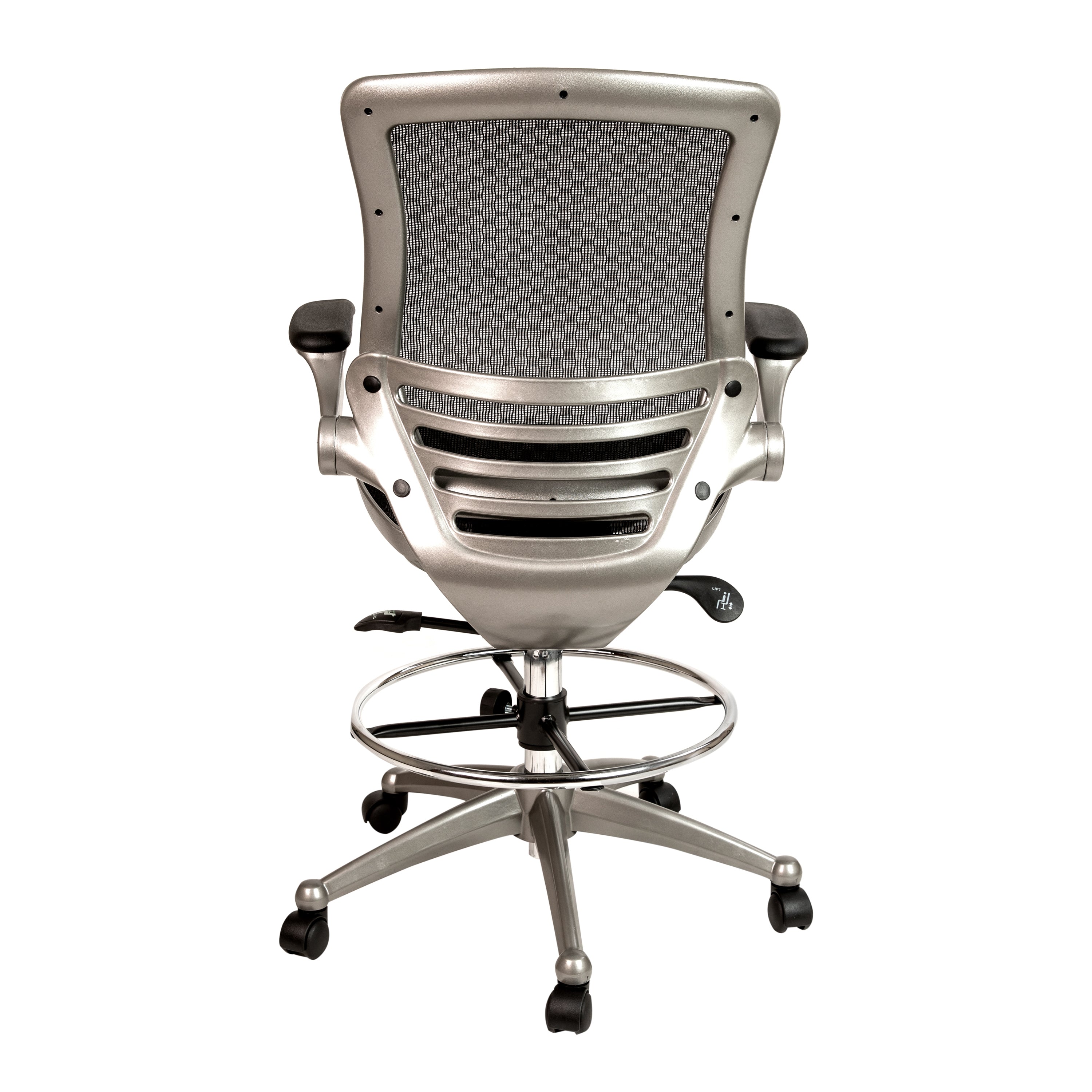 Waylon Mid-Back Transparent Black Mesh Drafting Chair with Graphite Silver Frame and Flip-Up Arms