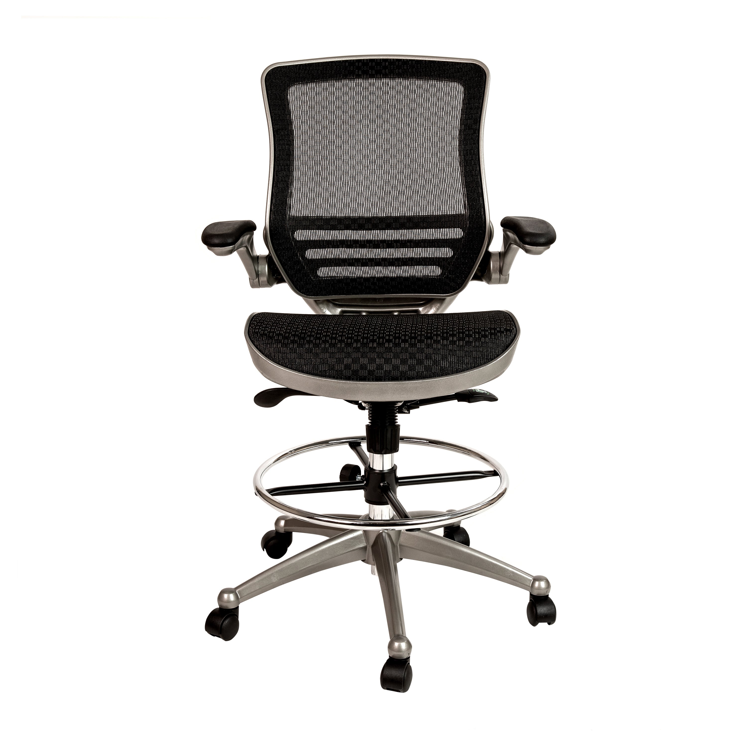 Waylon Mid-Back Transparent Black Mesh Drafting Chair with Graphite Silver Frame and Flip-Up Arms