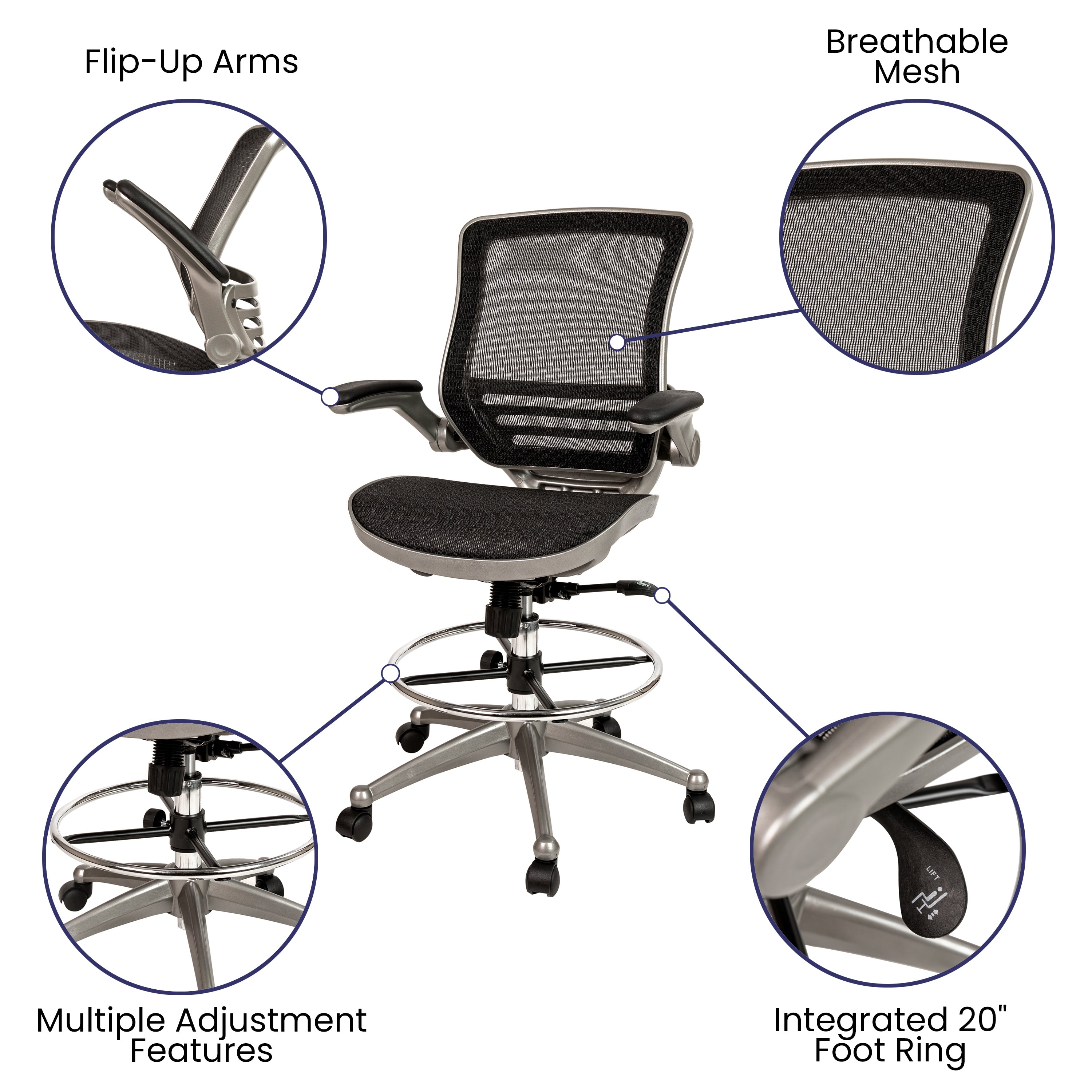 Waylon Mid-Back Transparent Black Mesh Drafting Chair with Graphite Silver Frame and Flip-Up Arms