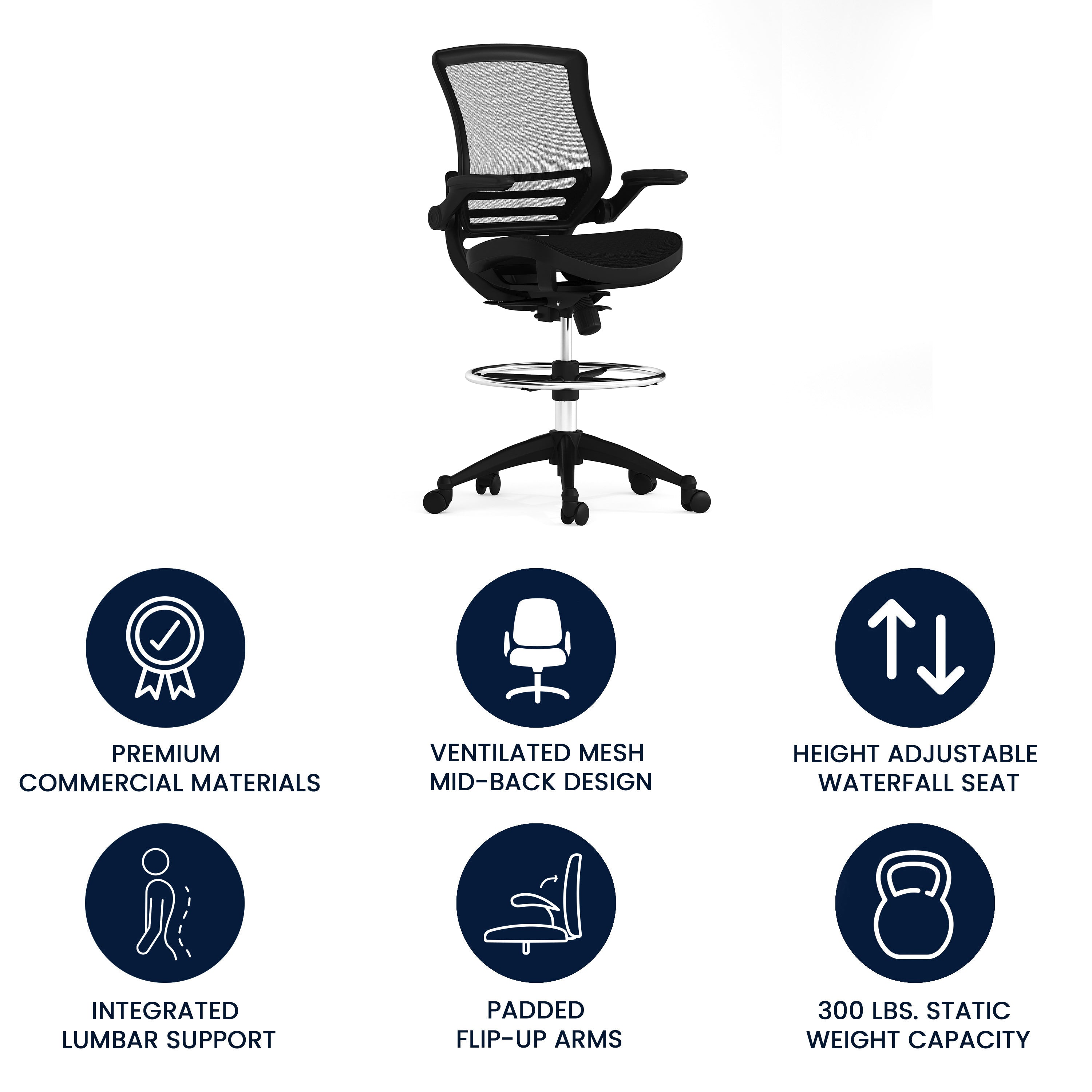 Waylon Mid-Back Transparent Black Mesh Drafting Chair with Black Frame and Flip-Up Arms