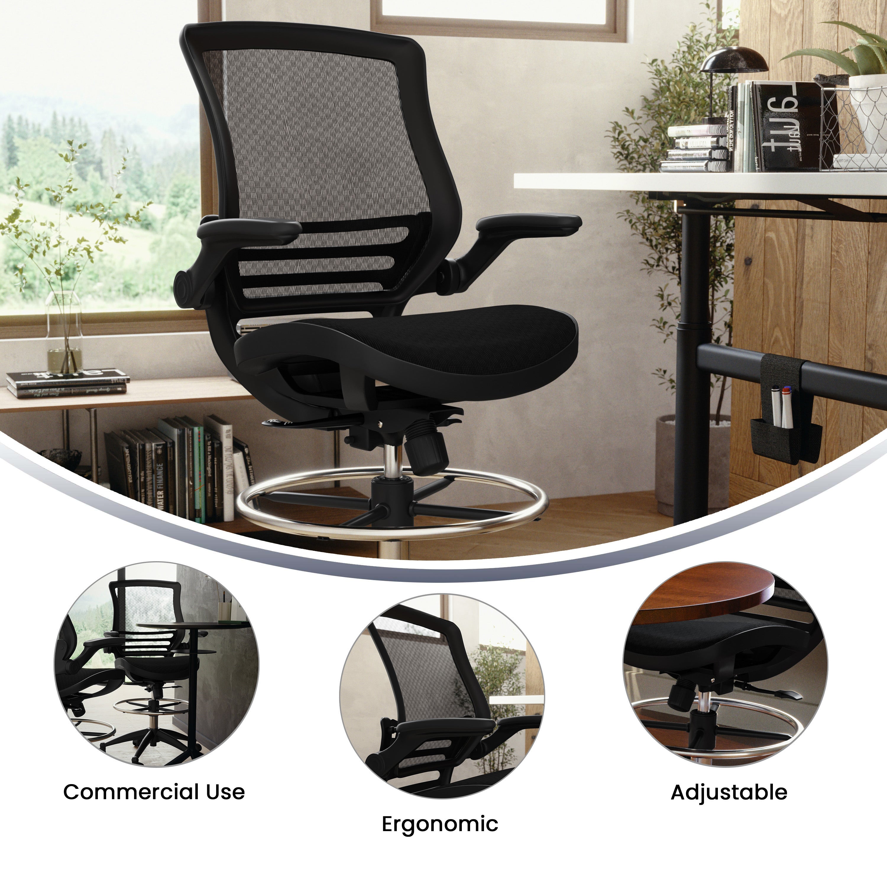 Waylon Mid-Back Transparent Black Mesh Drafting Chair with Black Frame and Flip-Up Arms