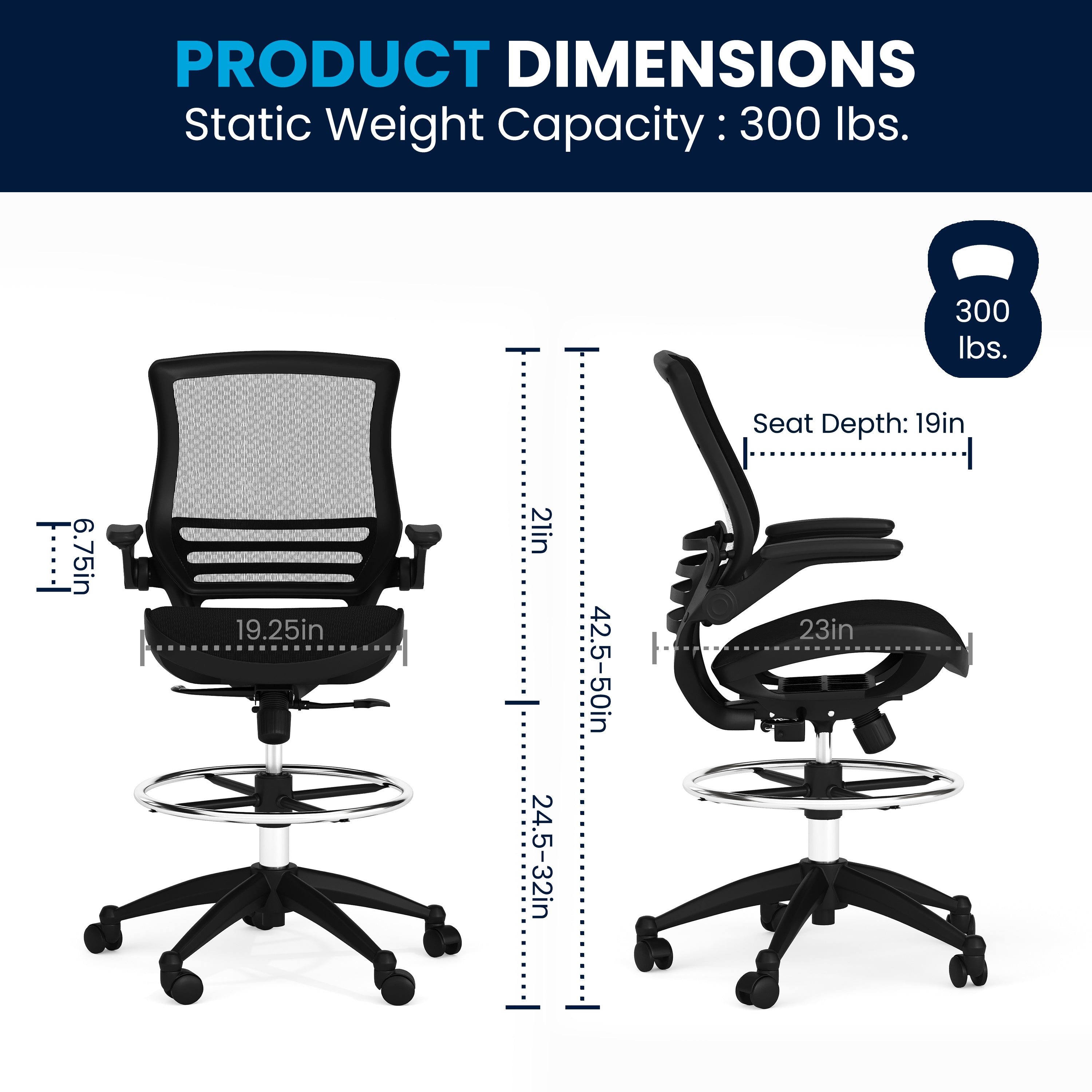 Waylon Mid-Back Transparent Black Mesh Drafting Chair with Black Frame and Flip-Up Arms