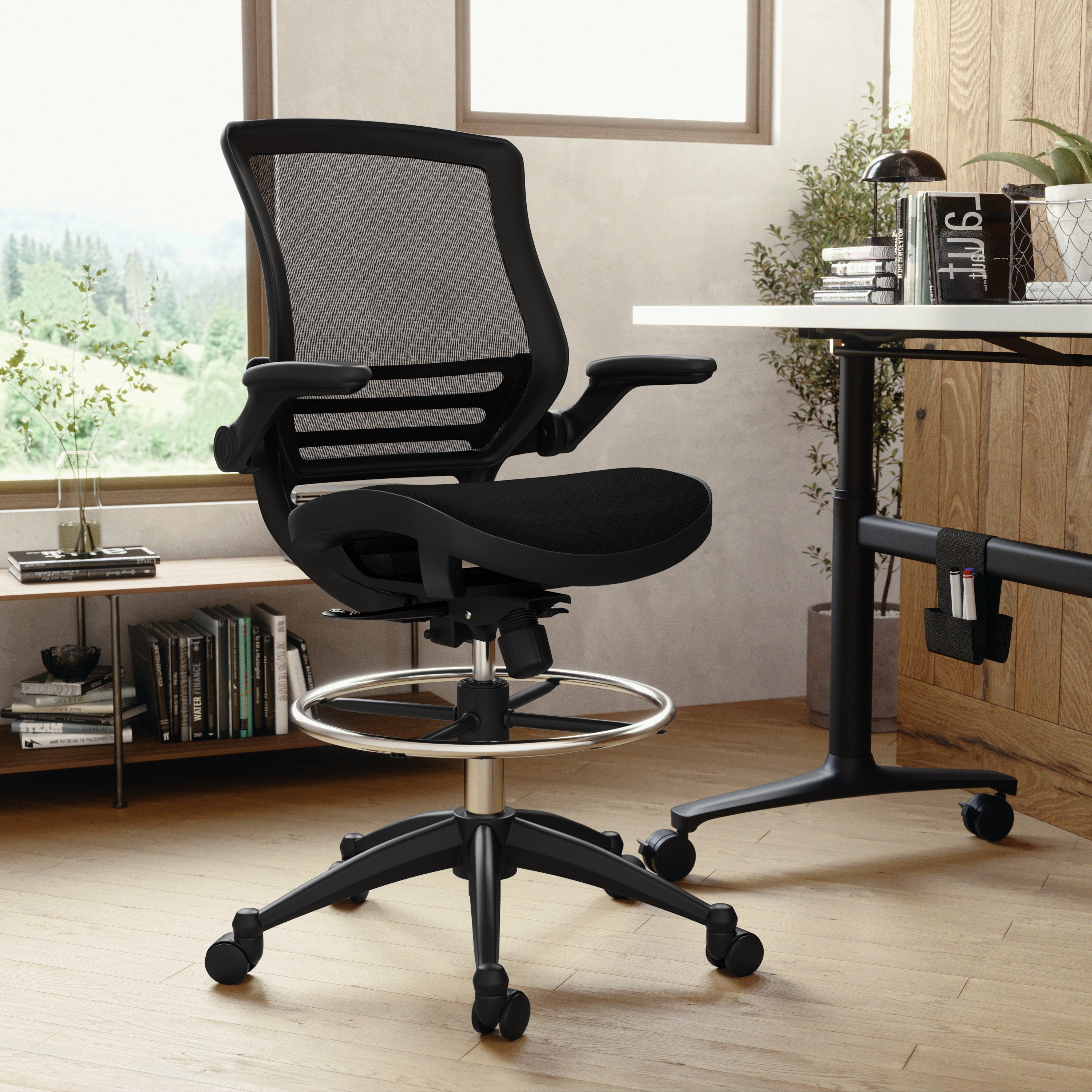 Waylon Mid-Back Transparent Black Mesh Drafting Chair with Black Frame and Flip-Up Arms