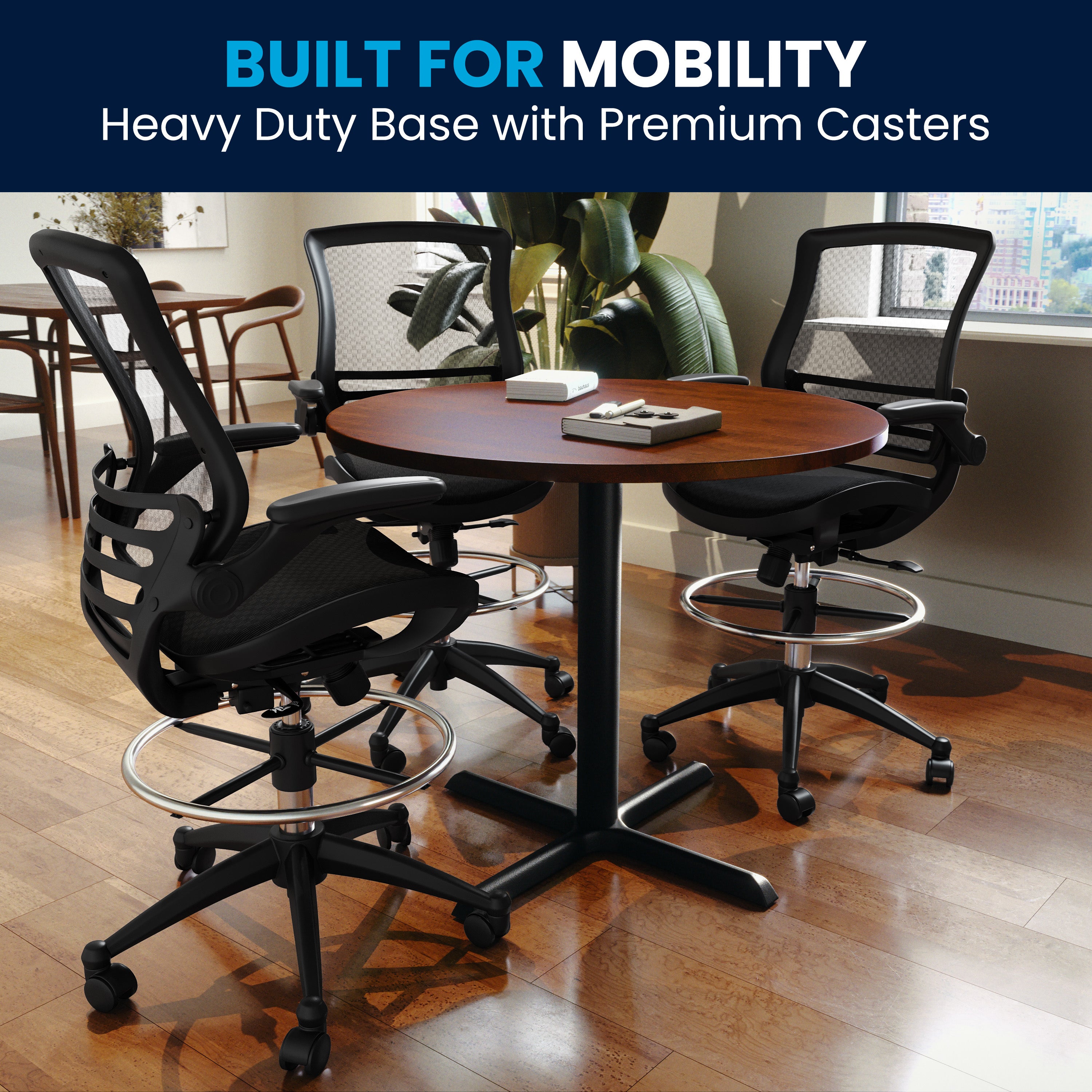 Waylon Mid-Back Transparent Black Mesh Drafting Chair with Black Frame and Flip-Up Arms