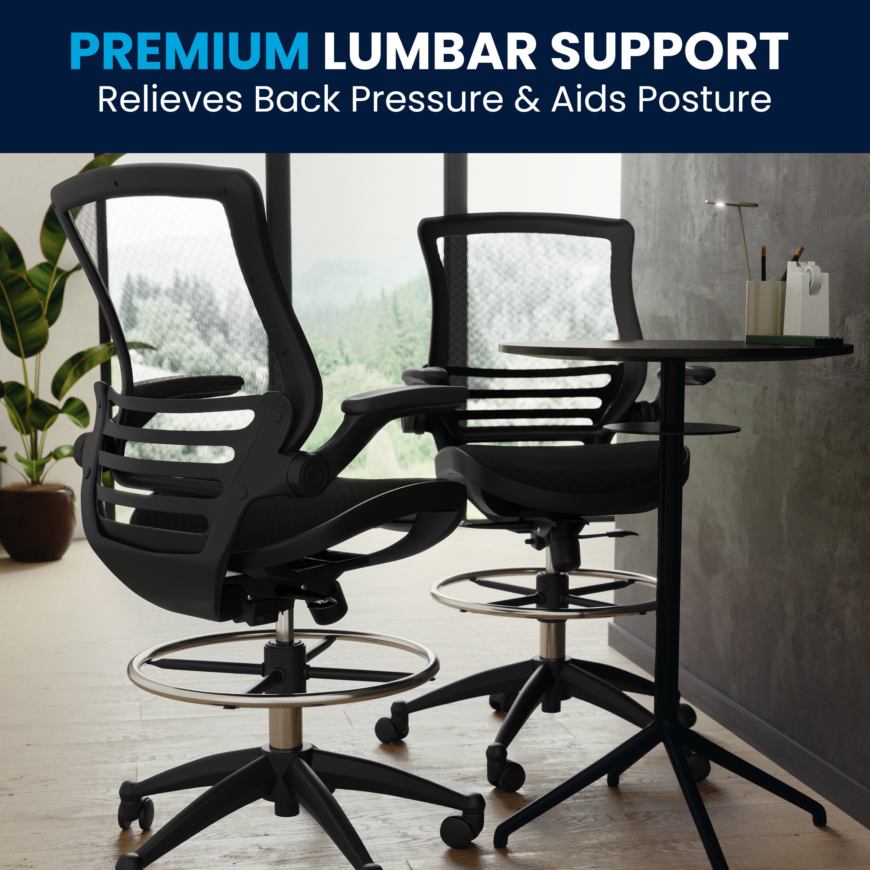 Waylon Mid-Back Transparent Black Mesh Drafting Chair with Black Frame and Flip-Up Arms