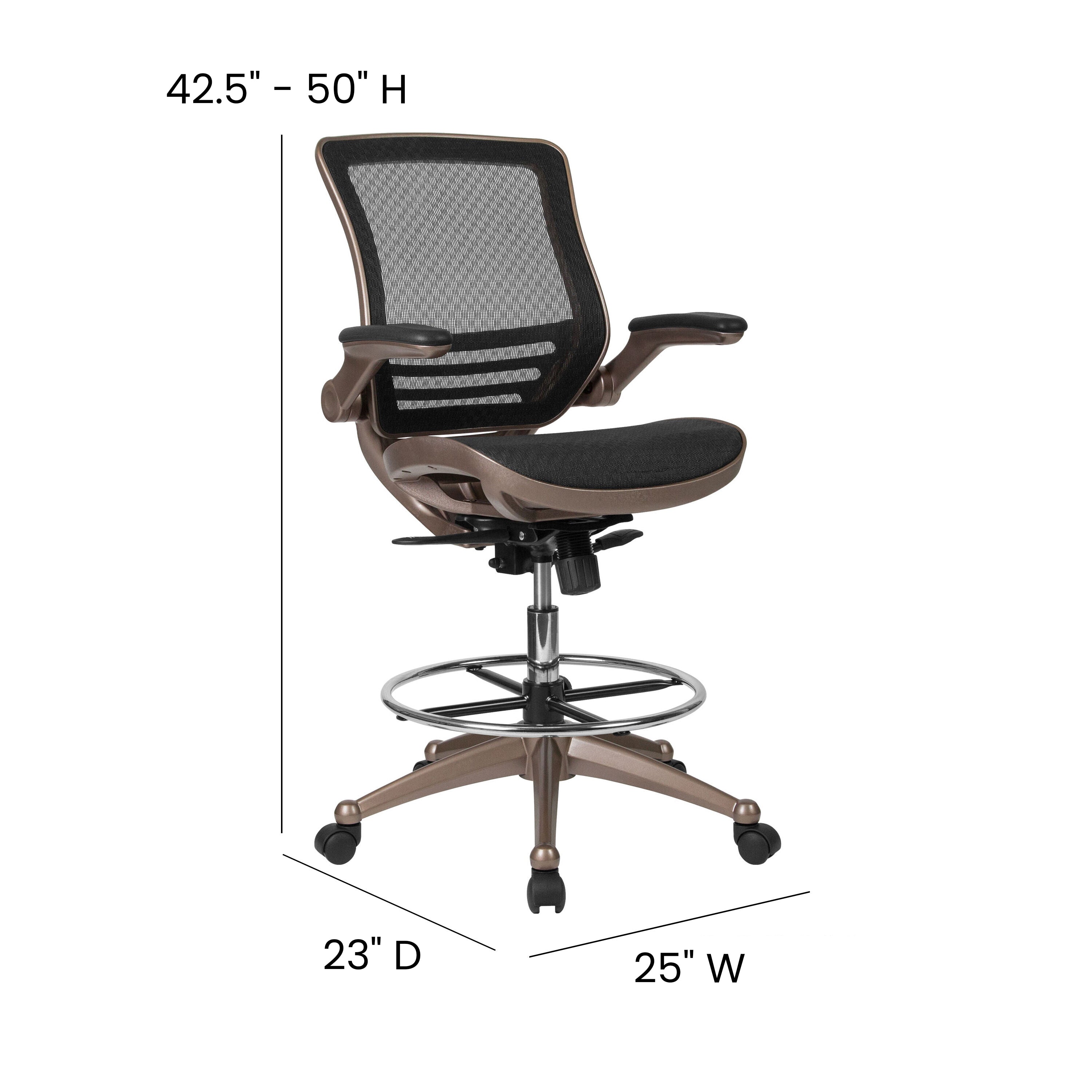 Waylon Mid-Back Transparent Black Mesh Drafting Chair with Melrose Gold Frame and Flip-Up Arms