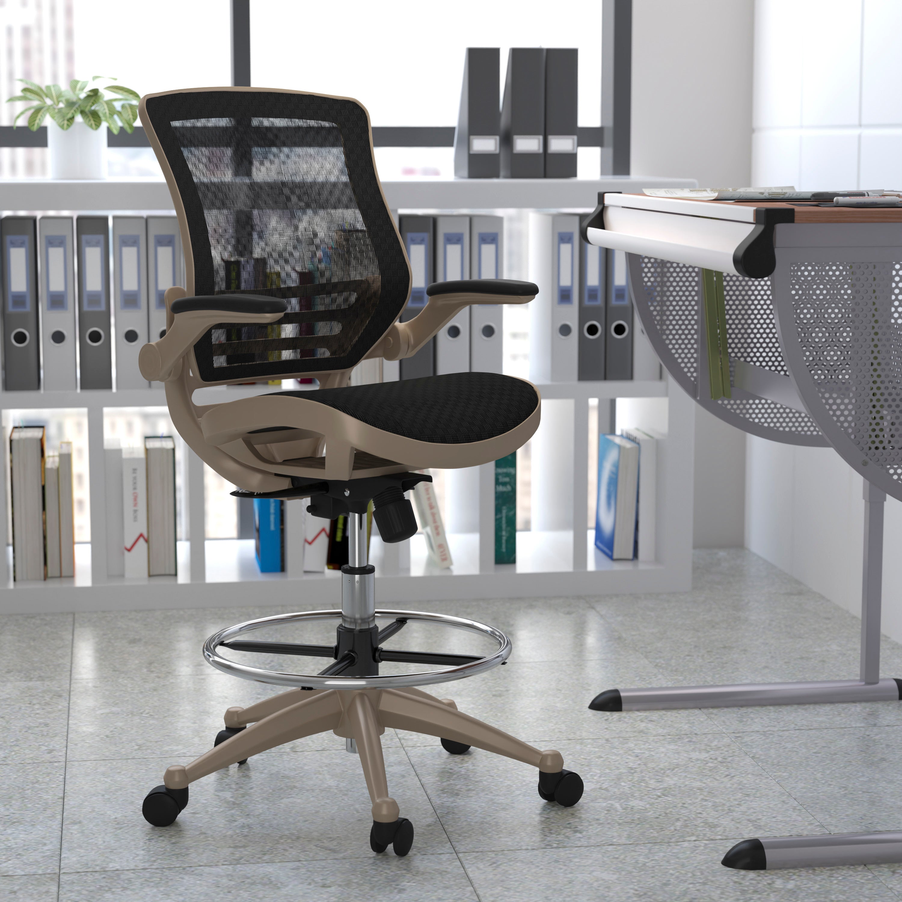 Waylon Mid-Back Transparent Black Mesh Drafting Chair with Melrose Gold Frame and Flip-Up Arms