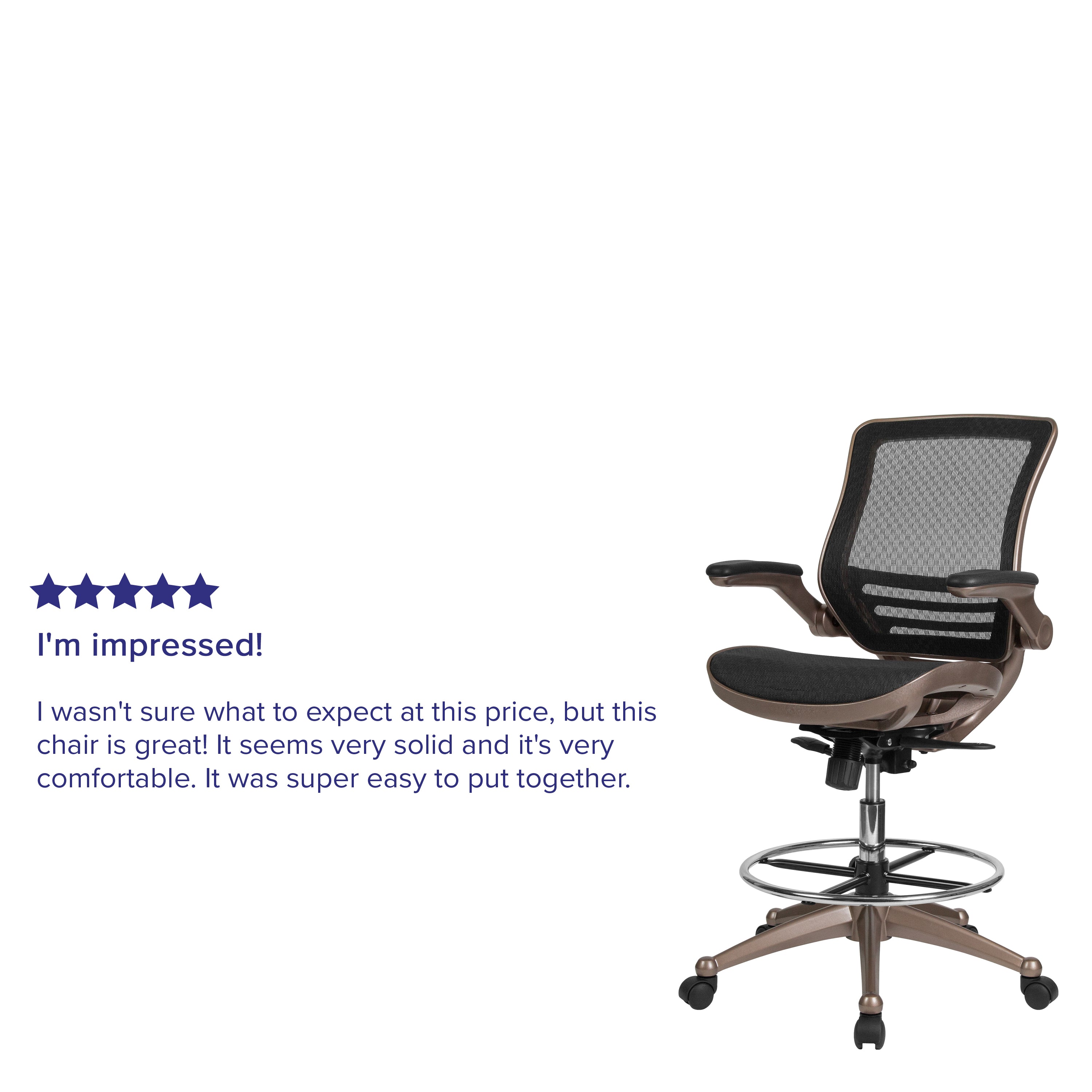 Waylon Mid-Back Transparent Black Mesh Drafting Chair with Melrose Gold Frame and Flip-Up Arms