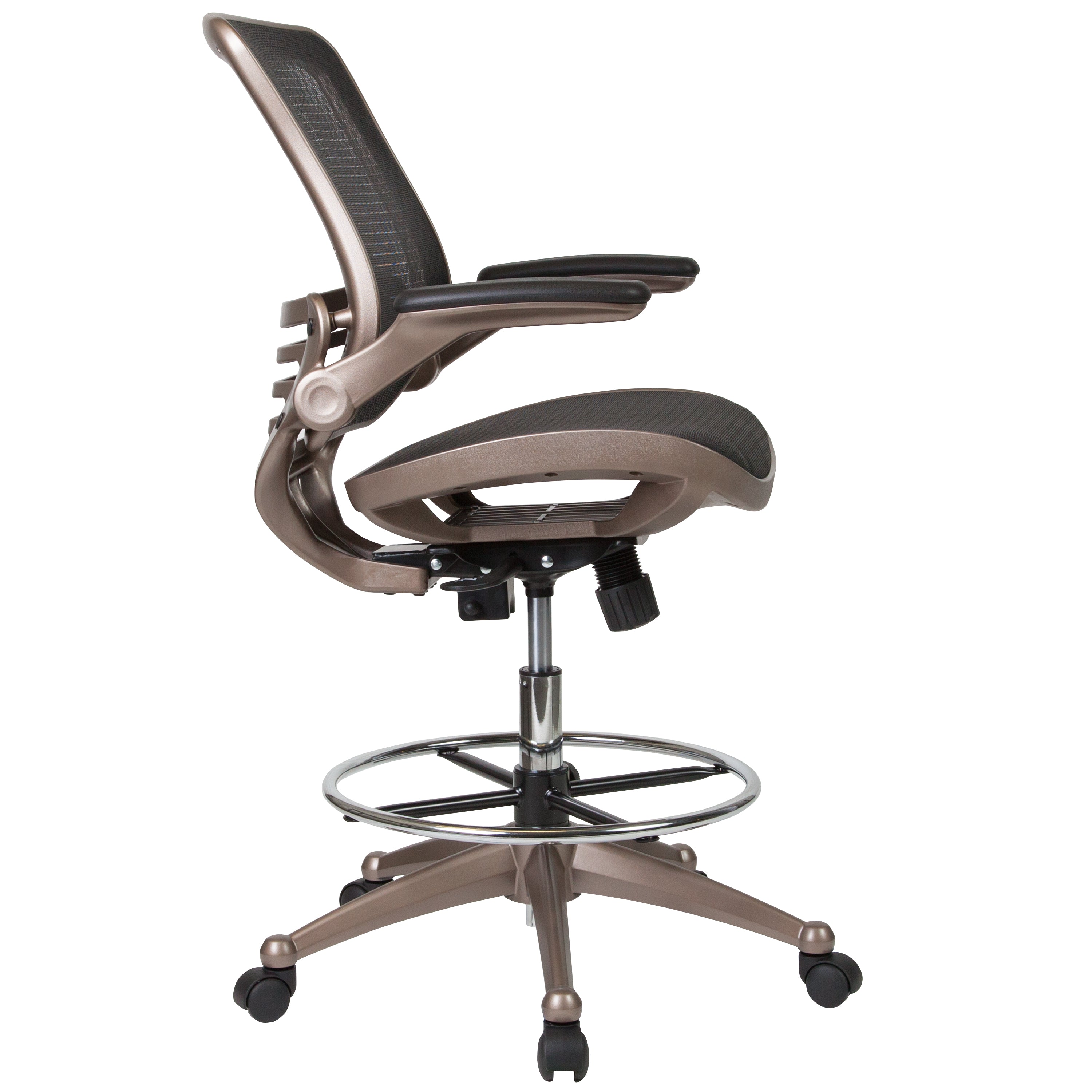 Waylon Mid-Back Transparent Black Mesh Drafting Chair with Melrose Gold Frame and Flip-Up Arms