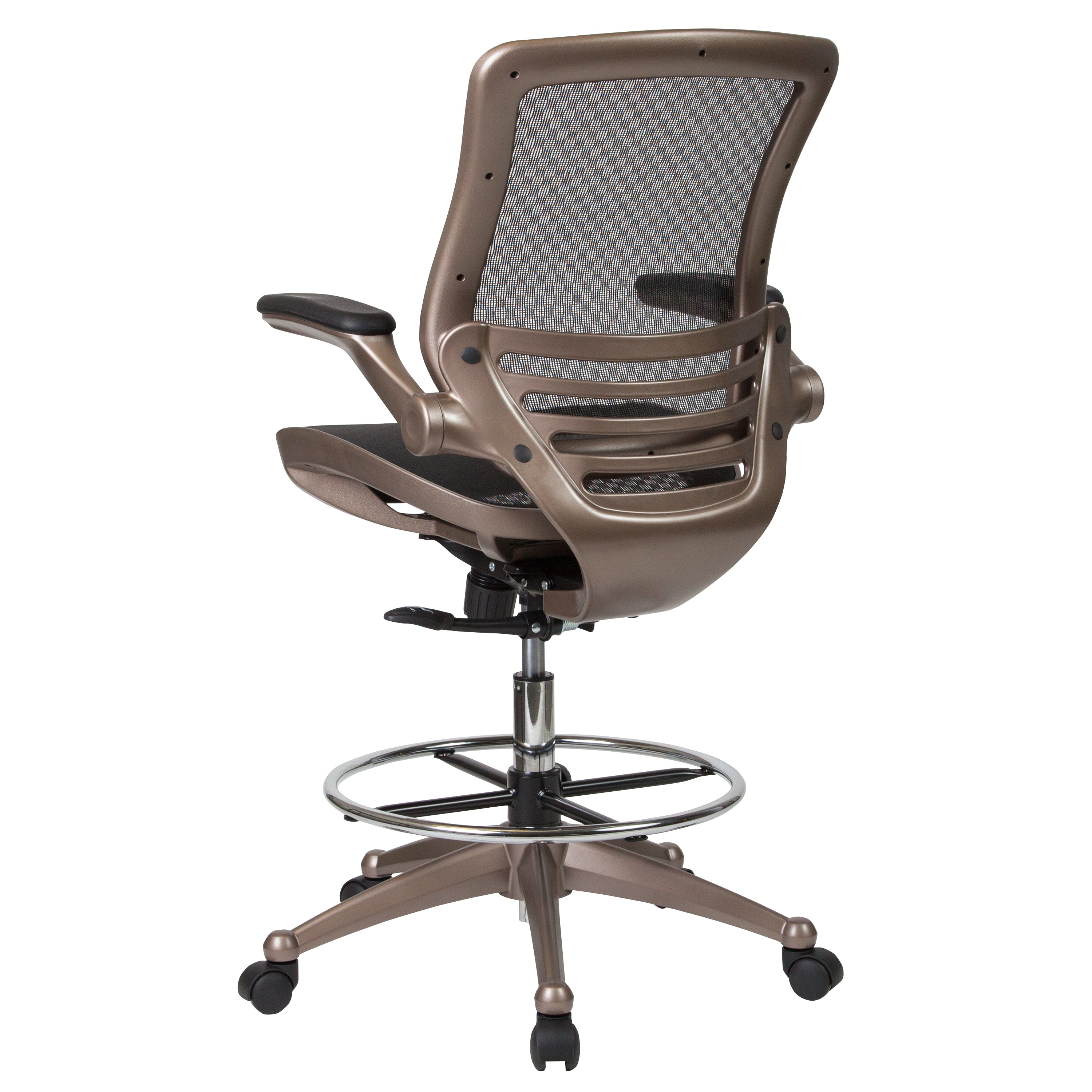 Waylon Mid-Back Transparent Black Mesh Drafting Chair with Melrose Gold Frame and Flip-Up Arms