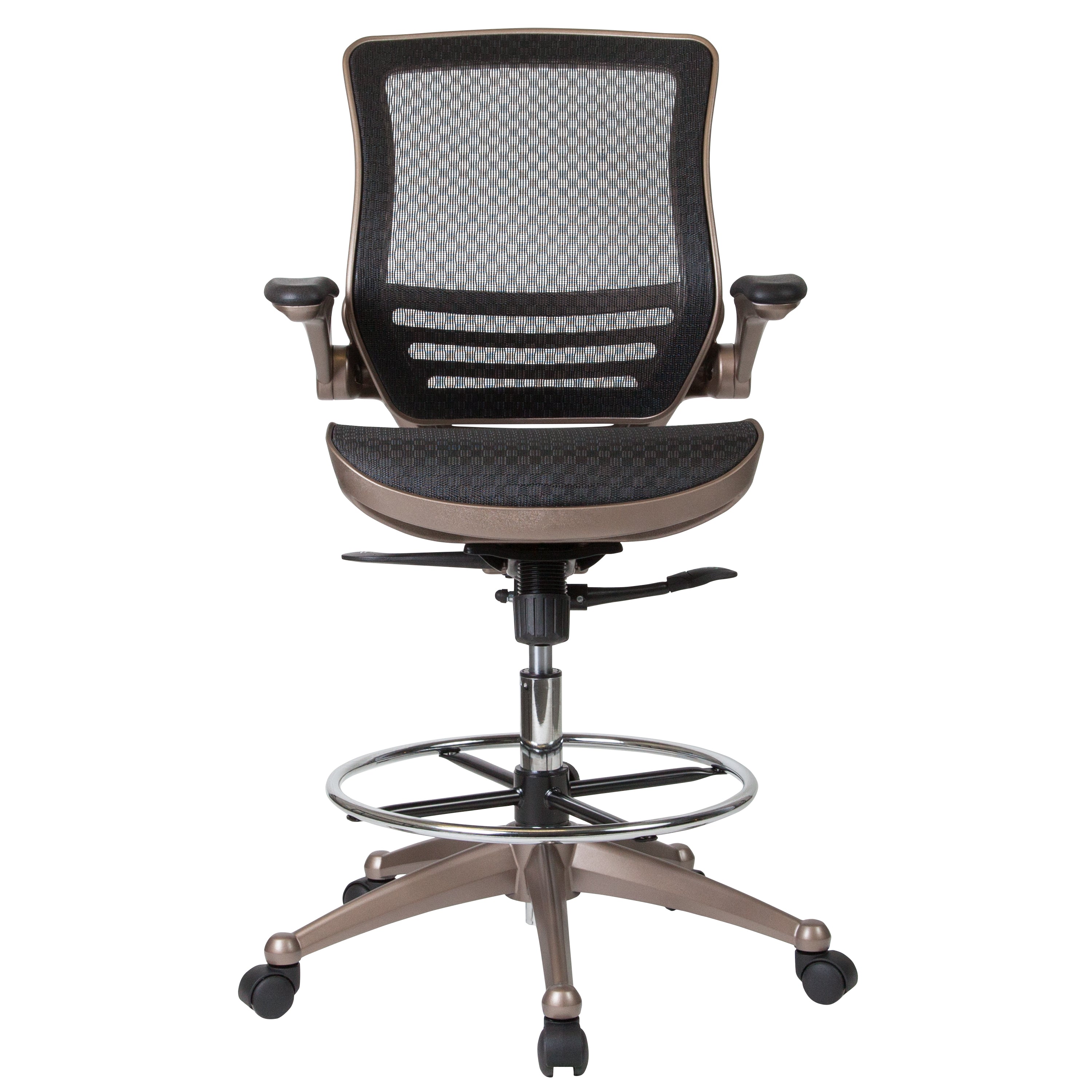 Waylon Mid-Back Transparent Black Mesh Drafting Chair with Melrose Gold Frame and Flip-Up Arms