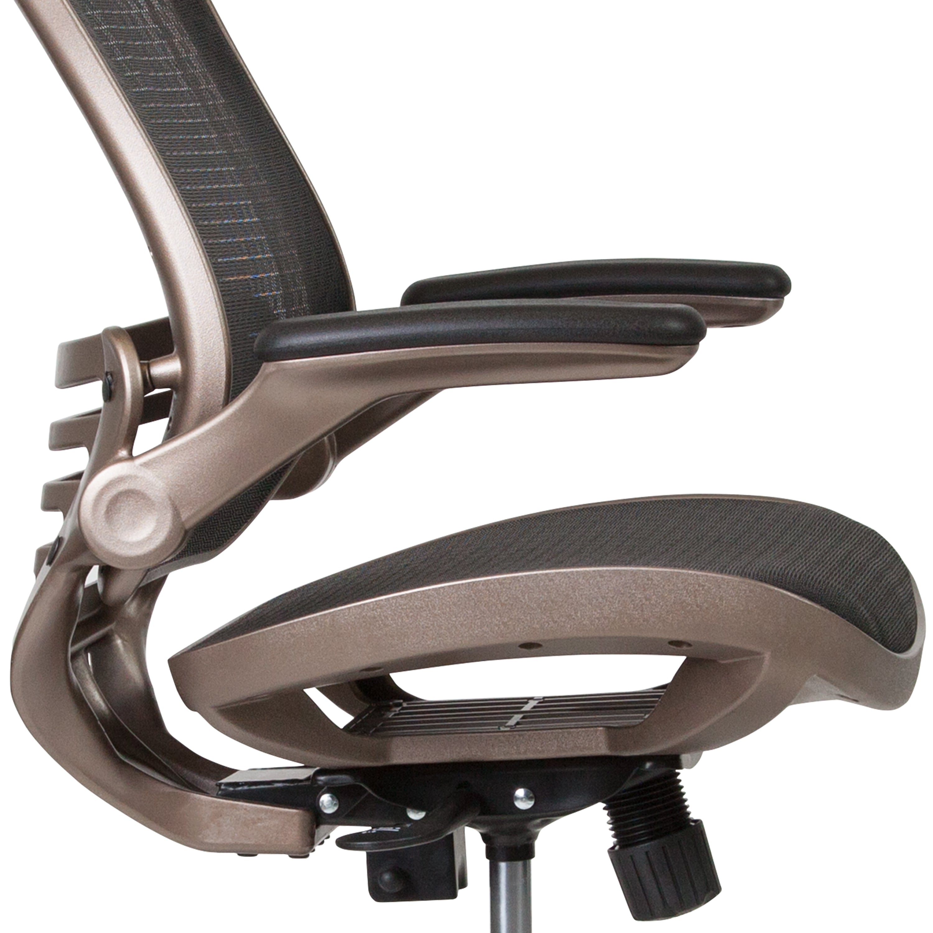 Waylon Mid-Back Transparent Black Mesh Drafting Chair with Melrose Gold Frame and Flip-Up Arms