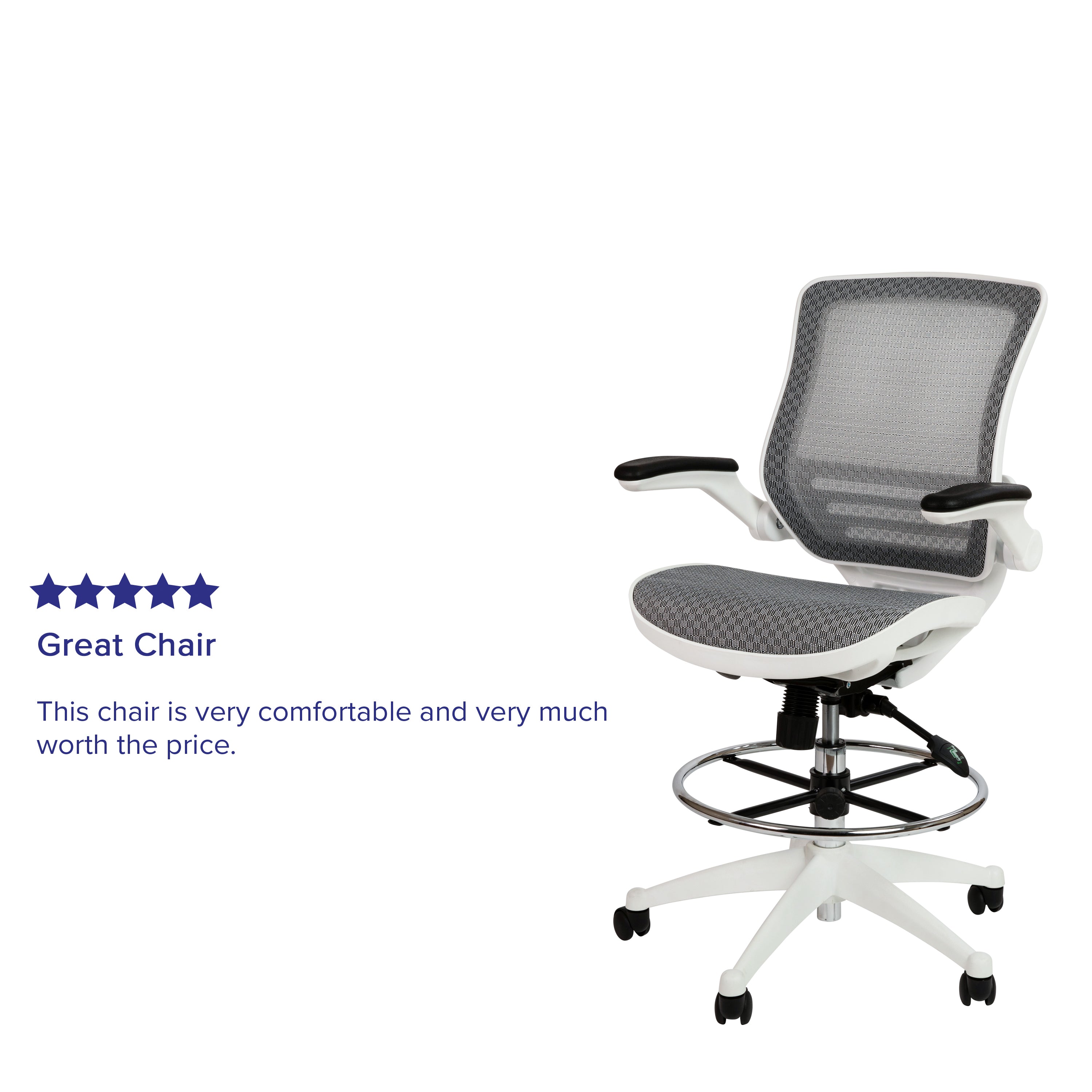 Waylon Mid-Back Transparent Gray Mesh Drafting Chair with White Frame and Flip-Up Arms