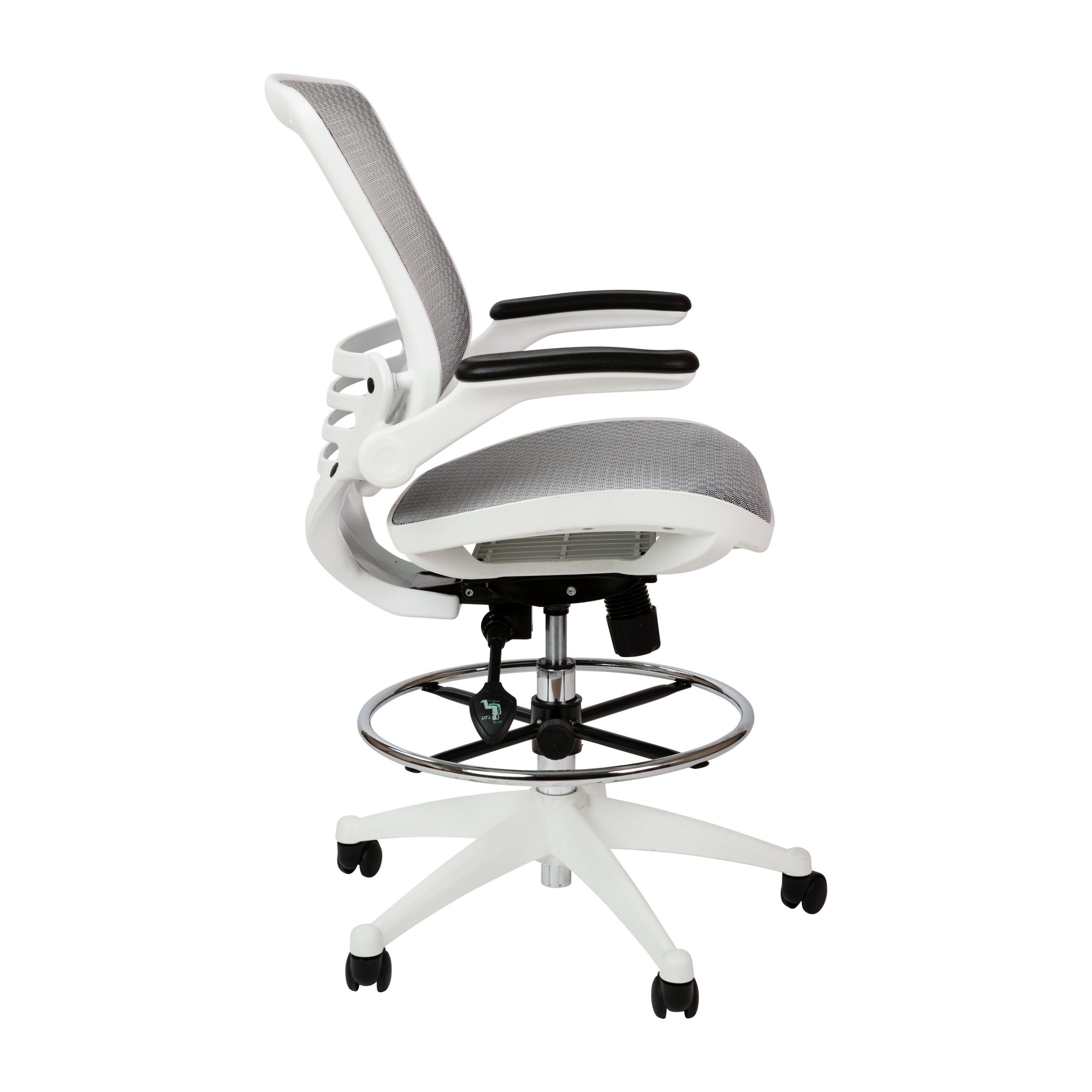 Waylon Mid-Back Transparent Gray Mesh Drafting Chair with White Frame and Flip-Up Arms