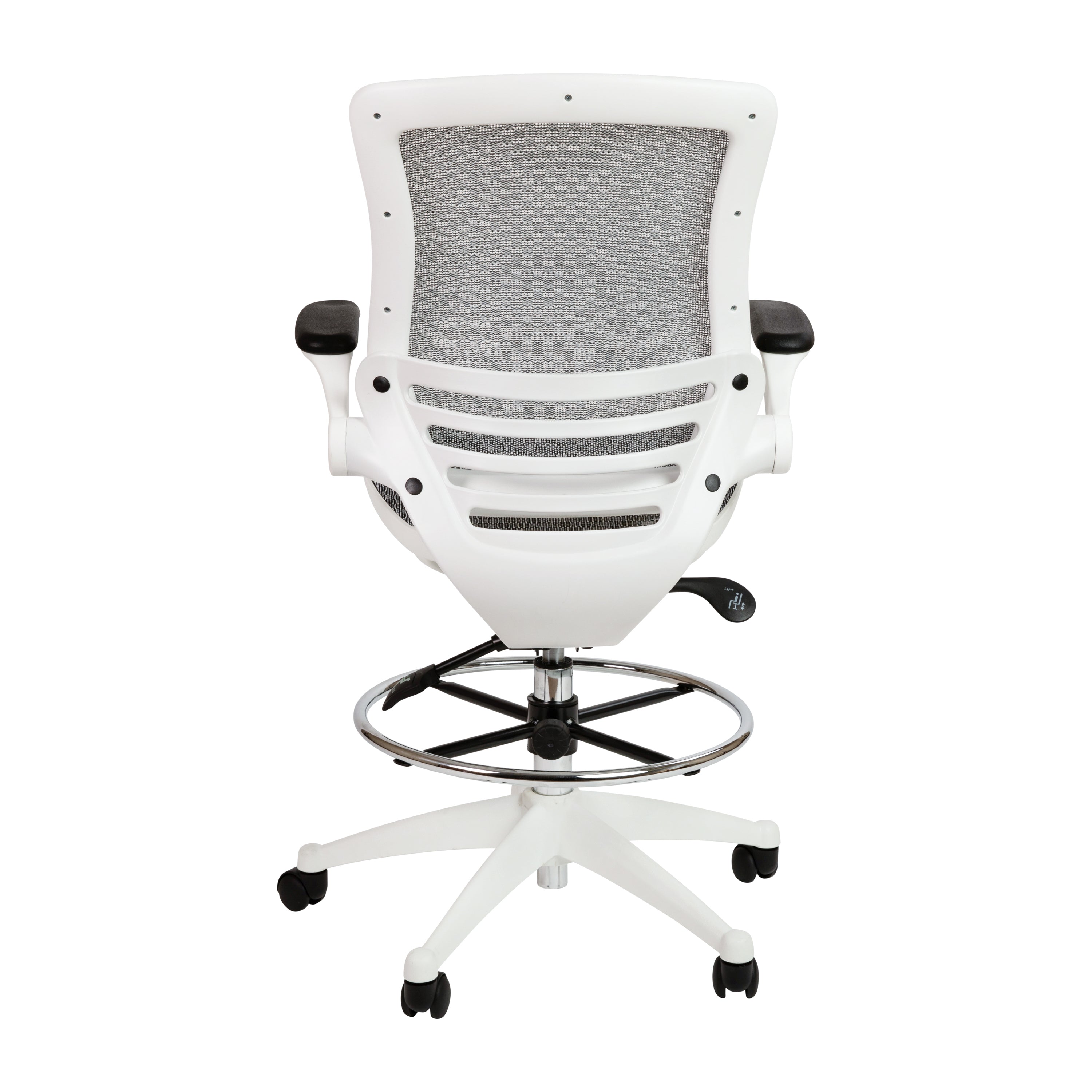 Waylon Mid-Back Transparent Gray Mesh Drafting Chair with White Frame and Flip-Up Arms