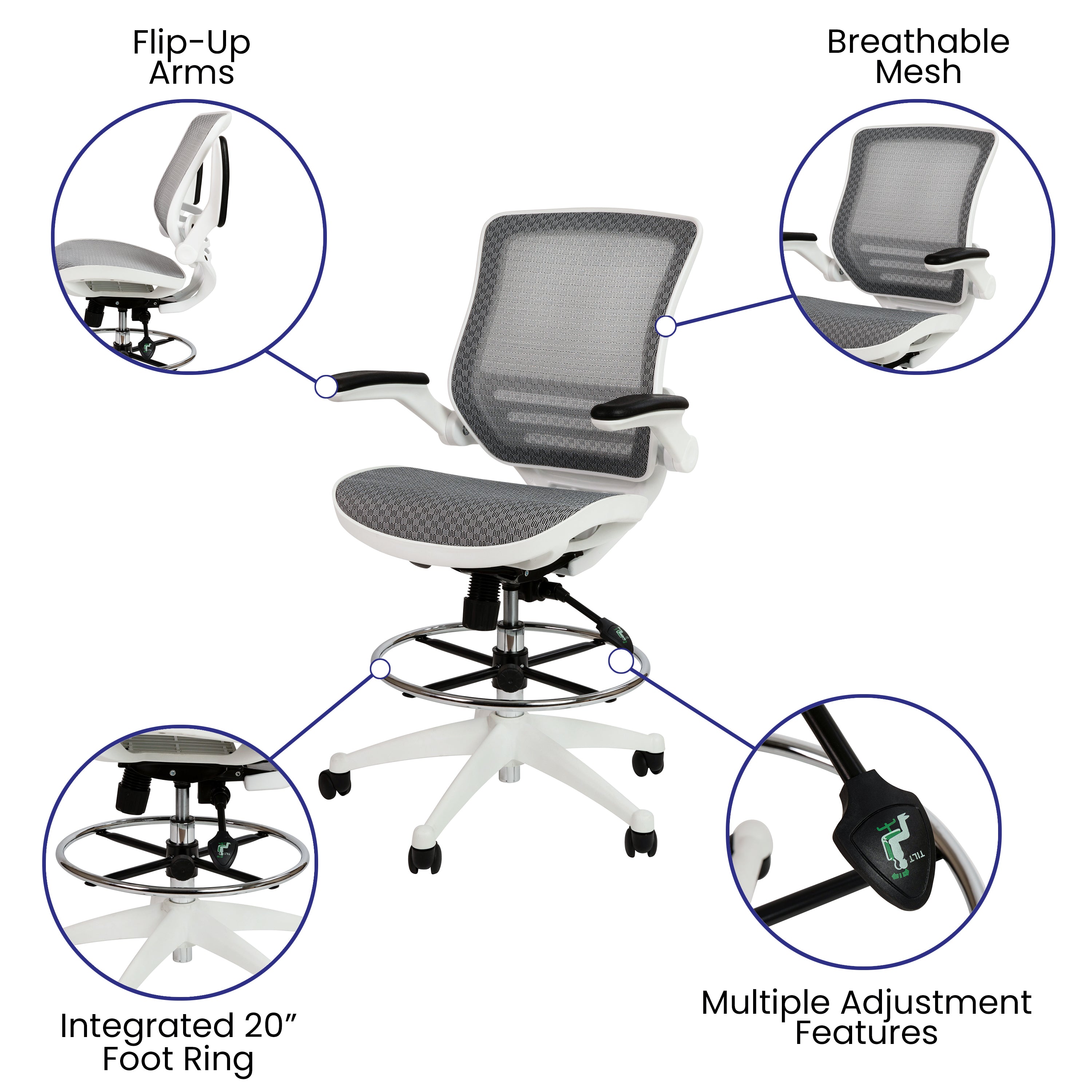 Waylon Mid-Back Transparent Gray Mesh Drafting Chair with White Frame and Flip-Up Arms